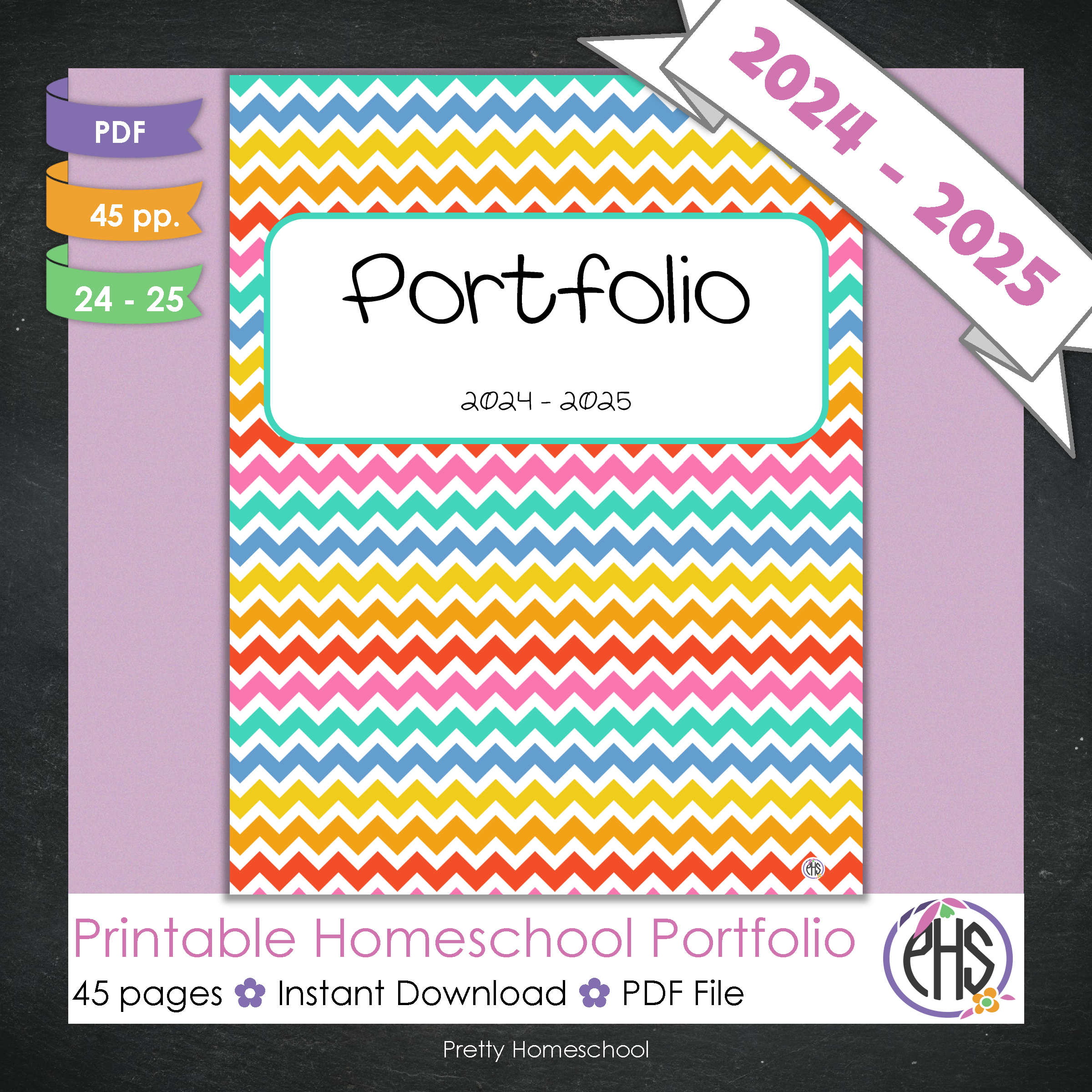 Printable Homeschool Portfolio | End-of-the-Year Homeschool Binder | Bright Chevron Colors Theme