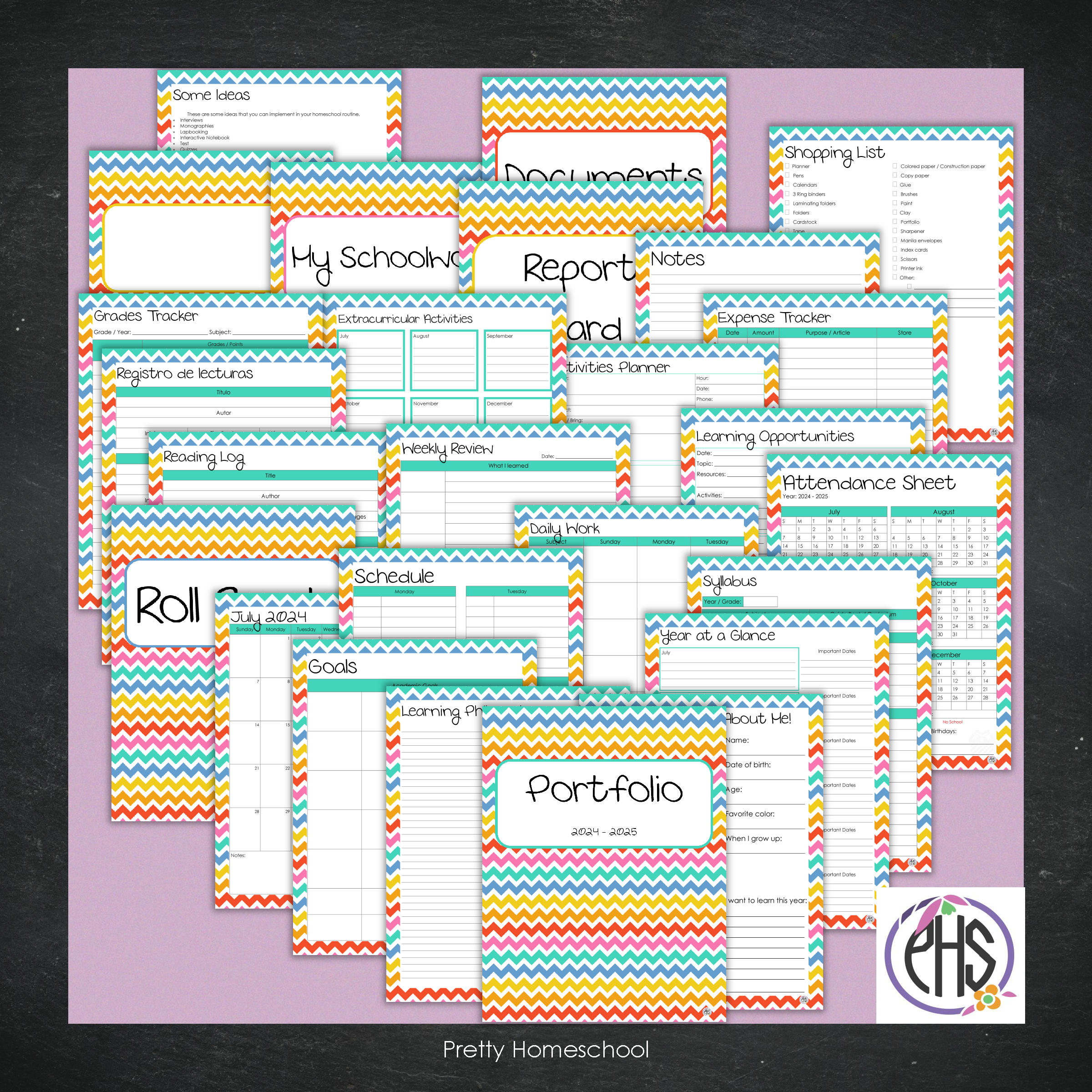 Printable Homeschool Portfolio | End-of-the-Year Homeschool Binder | Bright Chevron Colors Theme