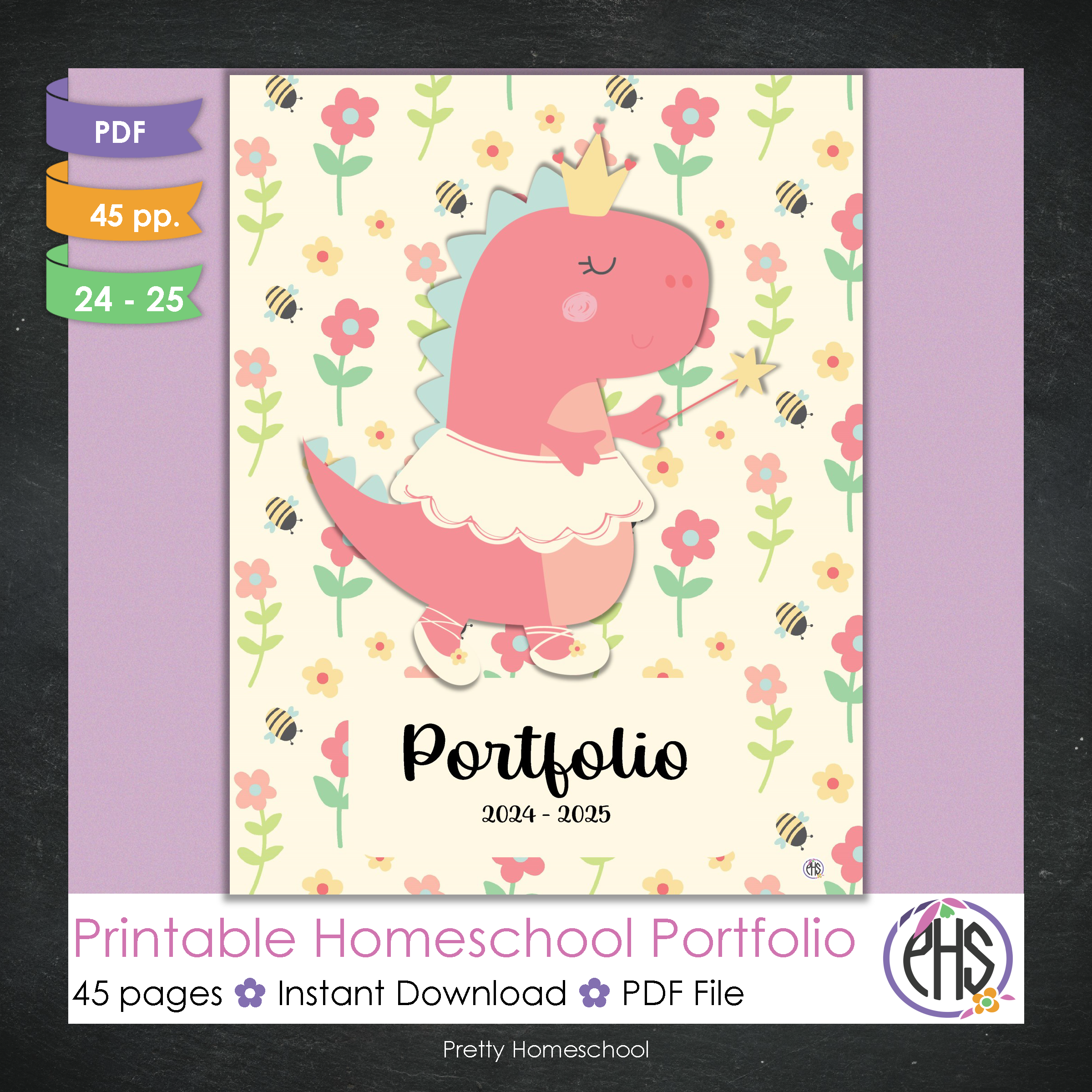 Printable Homeschool Portfolio | End-of-the-Year Homeschool Binder | Pink Dinosaur Princess Theme
