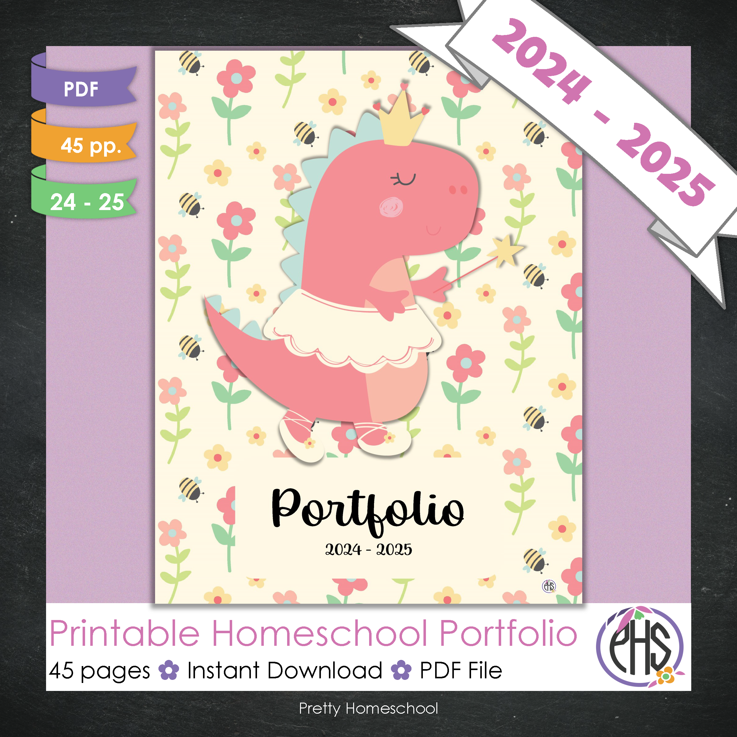 Printable Homeschool Portfolio | End-of-the-Year Homeschool Binder | Pink Dinosaur Princess Theme