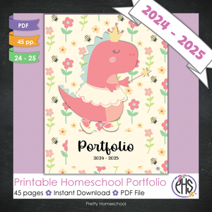 Printable Homeschool Portfolio | End-of-the-Year Homeschool Binder | Pink Dinosaur Princess Theme
