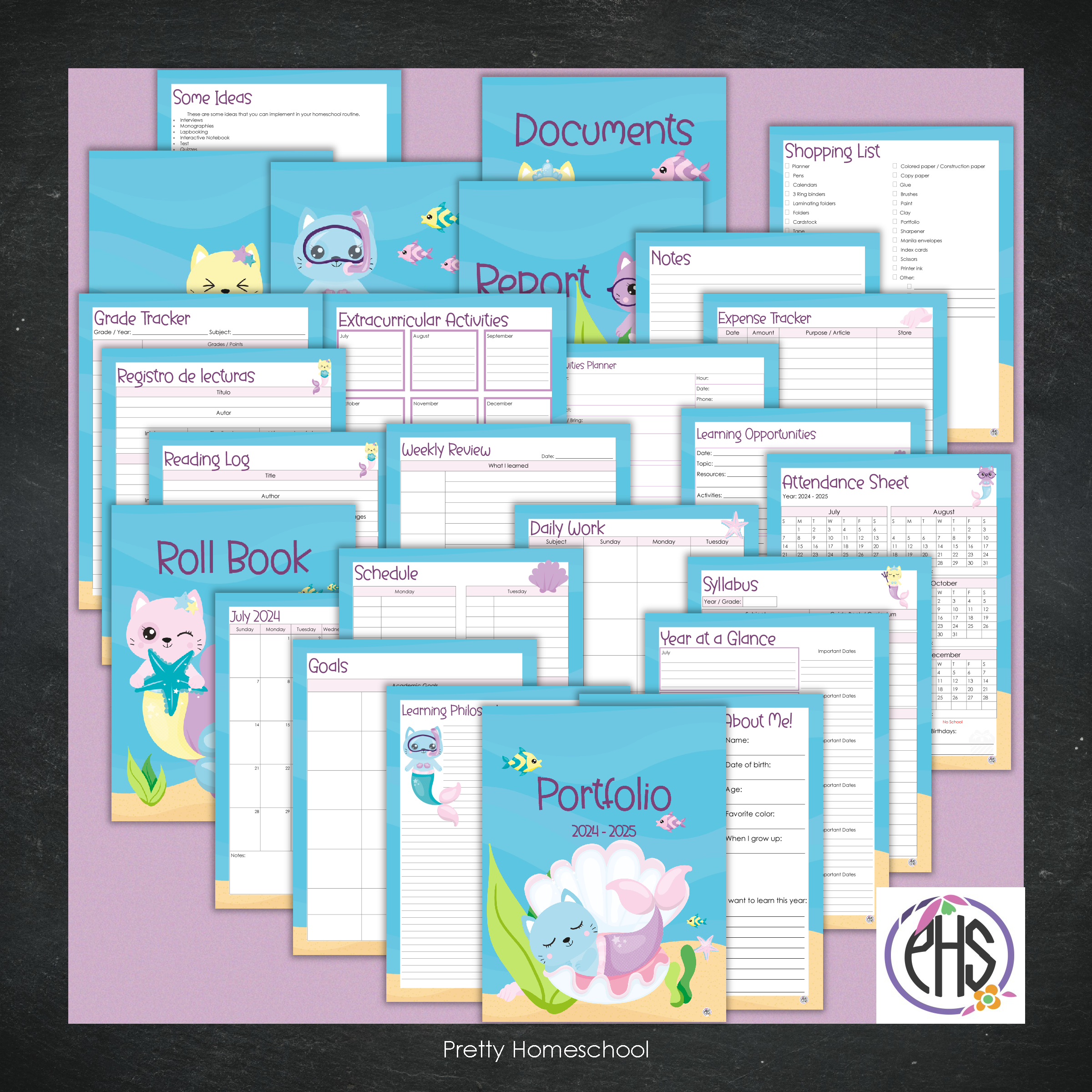 Printable Homeschool Portfolio | End-of-the-Year Homeschool Binder | Mermaid Cats Theme