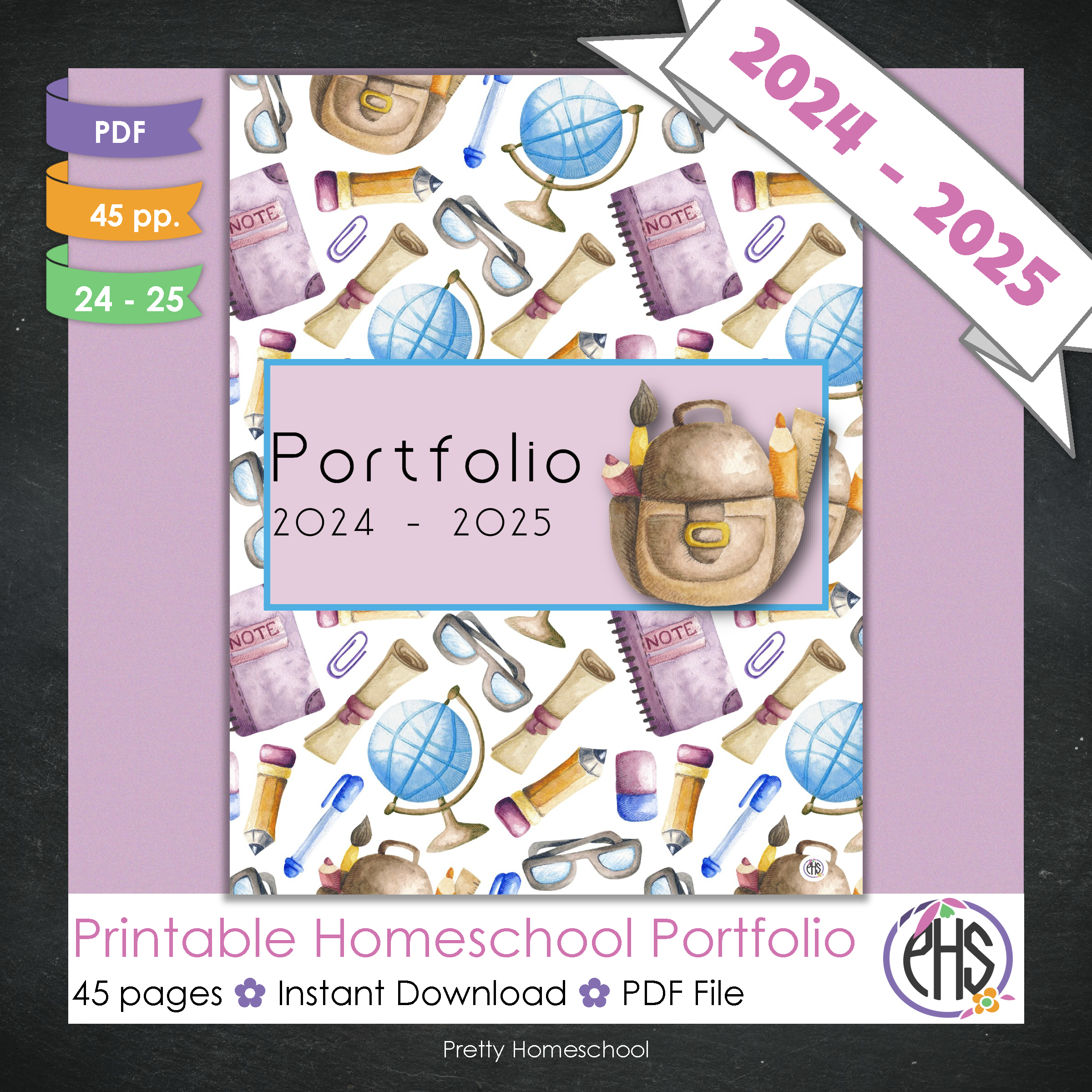 Printable Homeschool Portfolio | End-of-the-Year Homeschool Binder | Purple School Stationary Theme