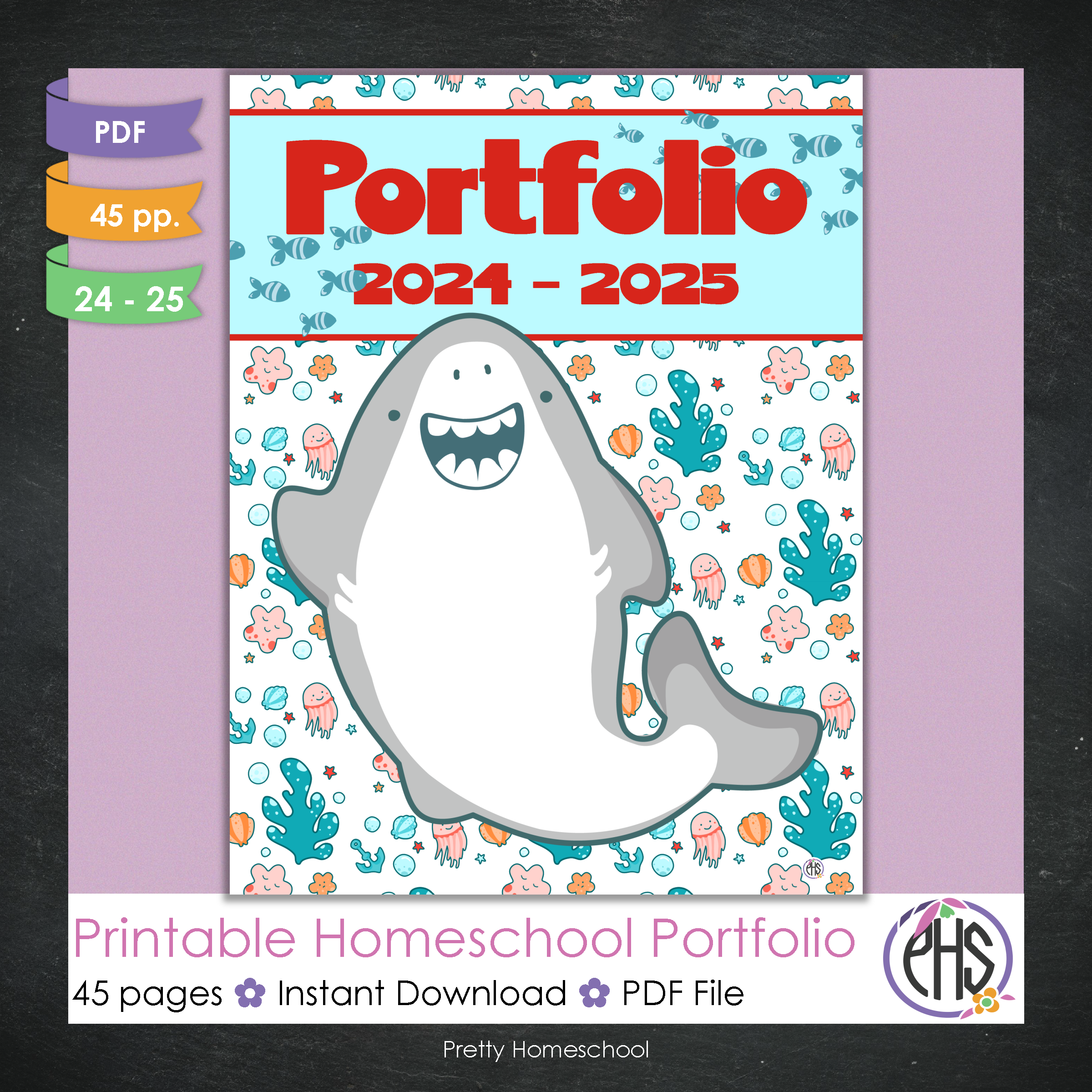 Printable Homeschool Portfolio | End-of-the-Year Homeschool Binder | Grey Sharks Theme