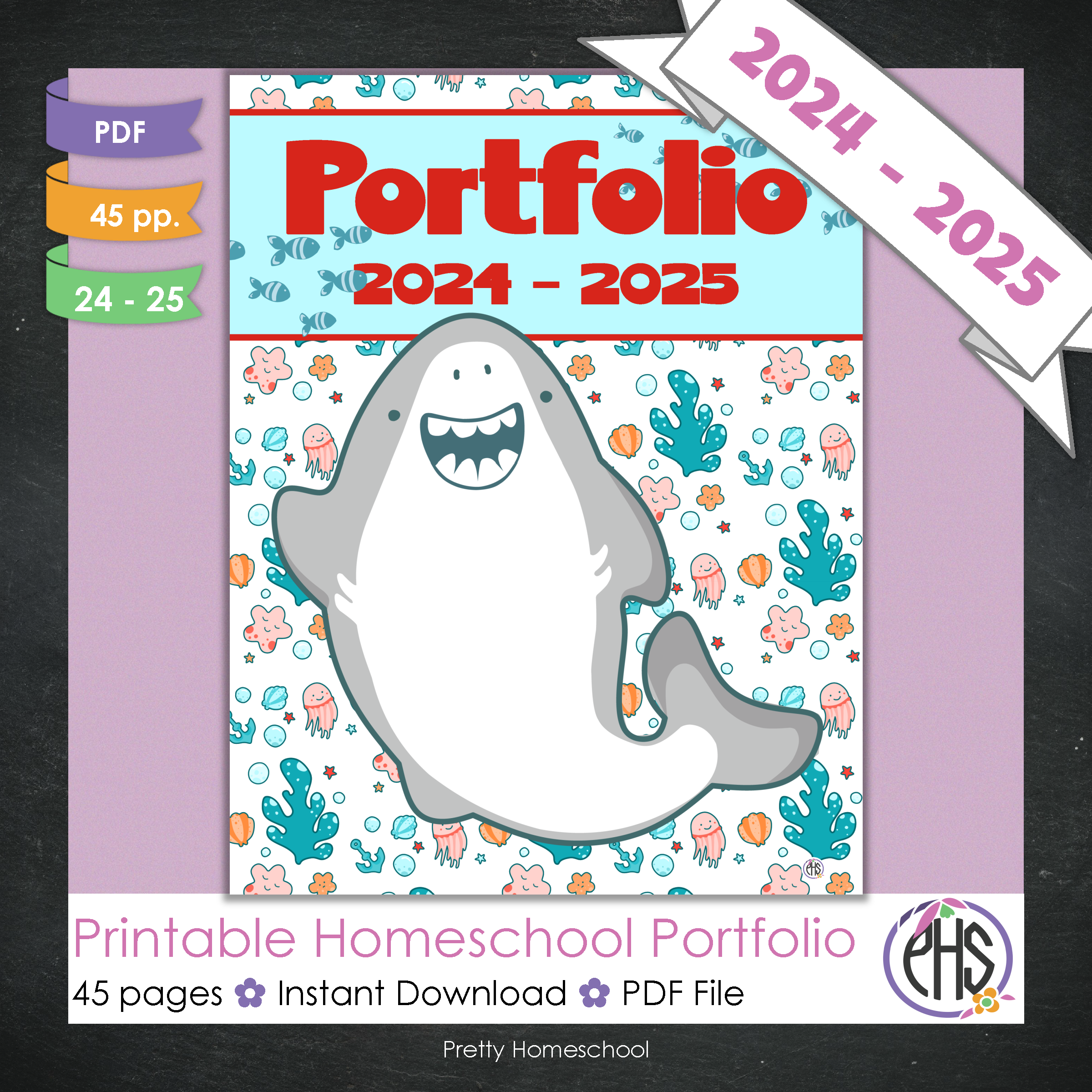 Printable Homeschool Portfolio | End-of-the-Year Homeschool Binder | Grey Sharks Theme
