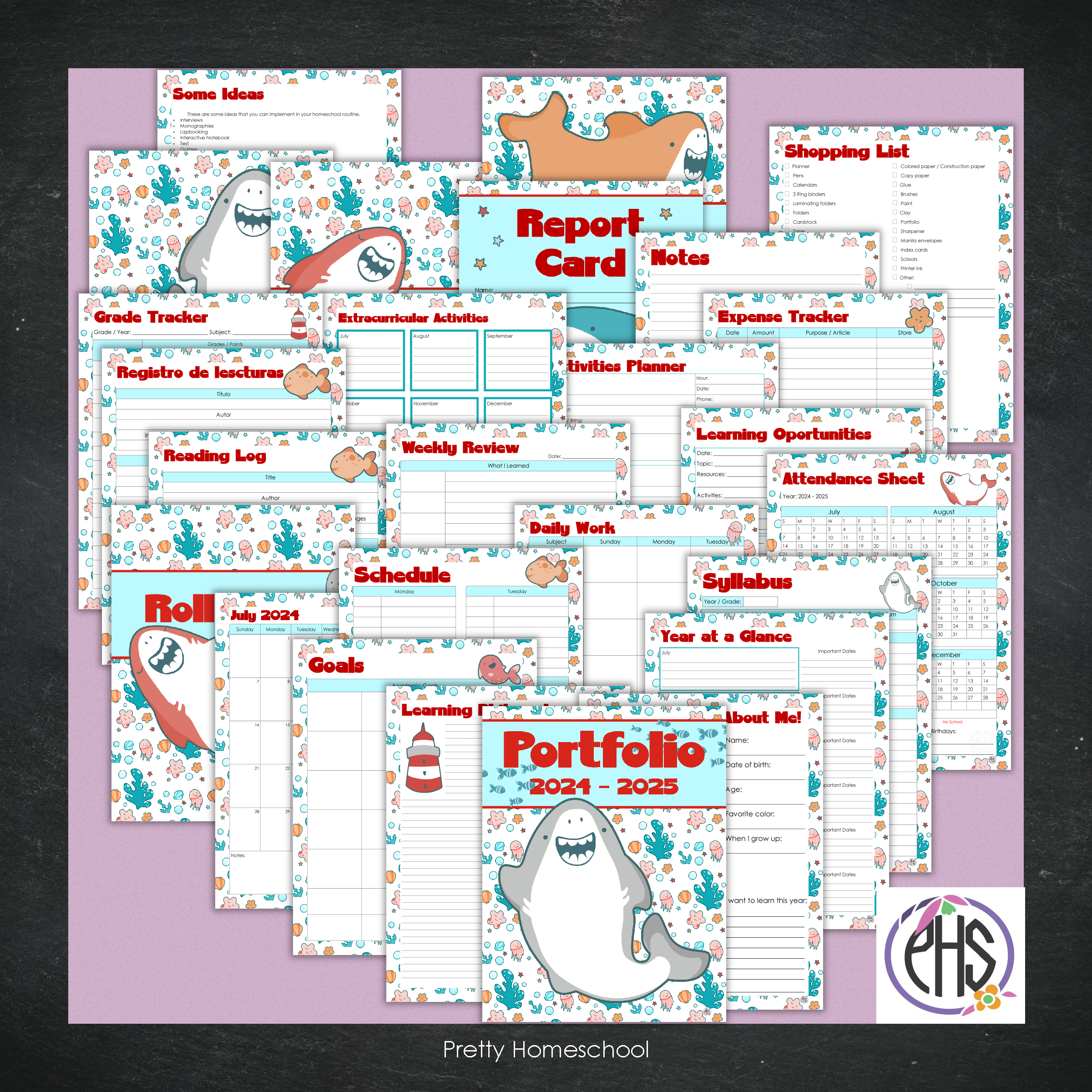 Printable Homeschool Portfolio | End-of-the-Year Homeschool Binder | Grey Sharks Theme