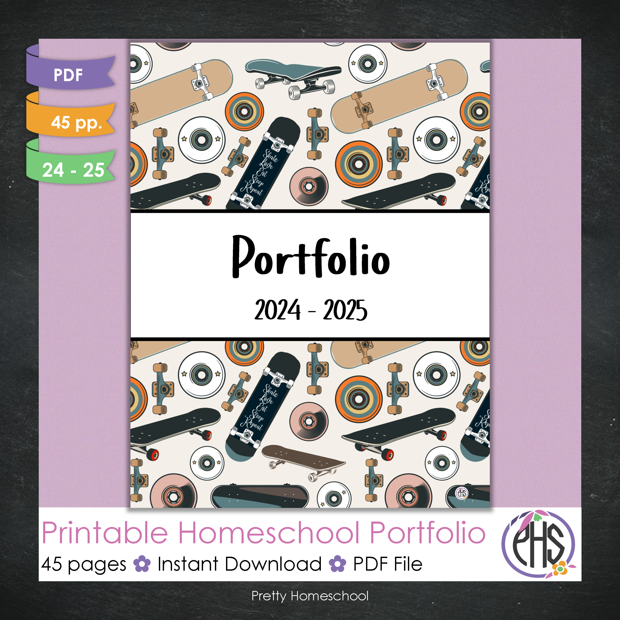 Printable Homeschool Portfolio | End-of-the-Year Homeschool Binder | Skateboards Theme