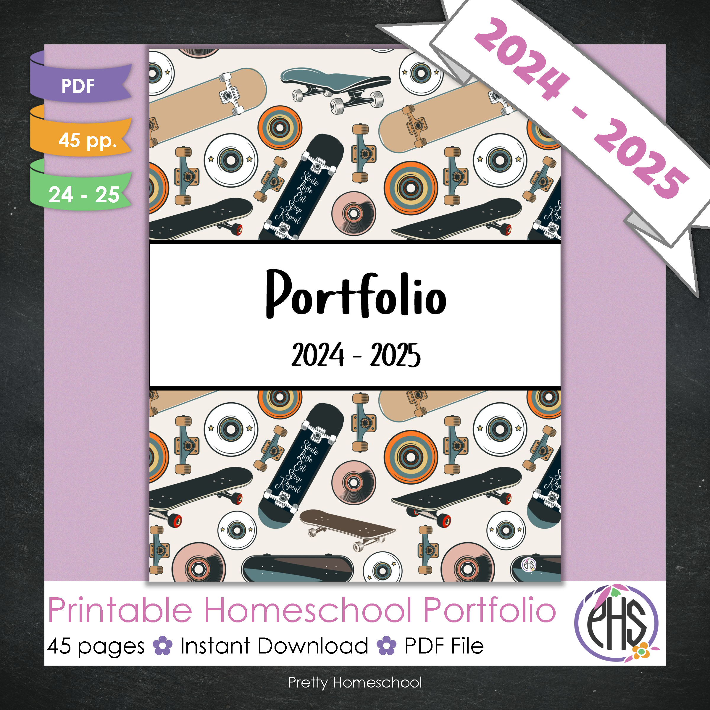 Printable Homeschool Portfolio | End-of-the-Year Homeschool Binder | Skateboards Theme