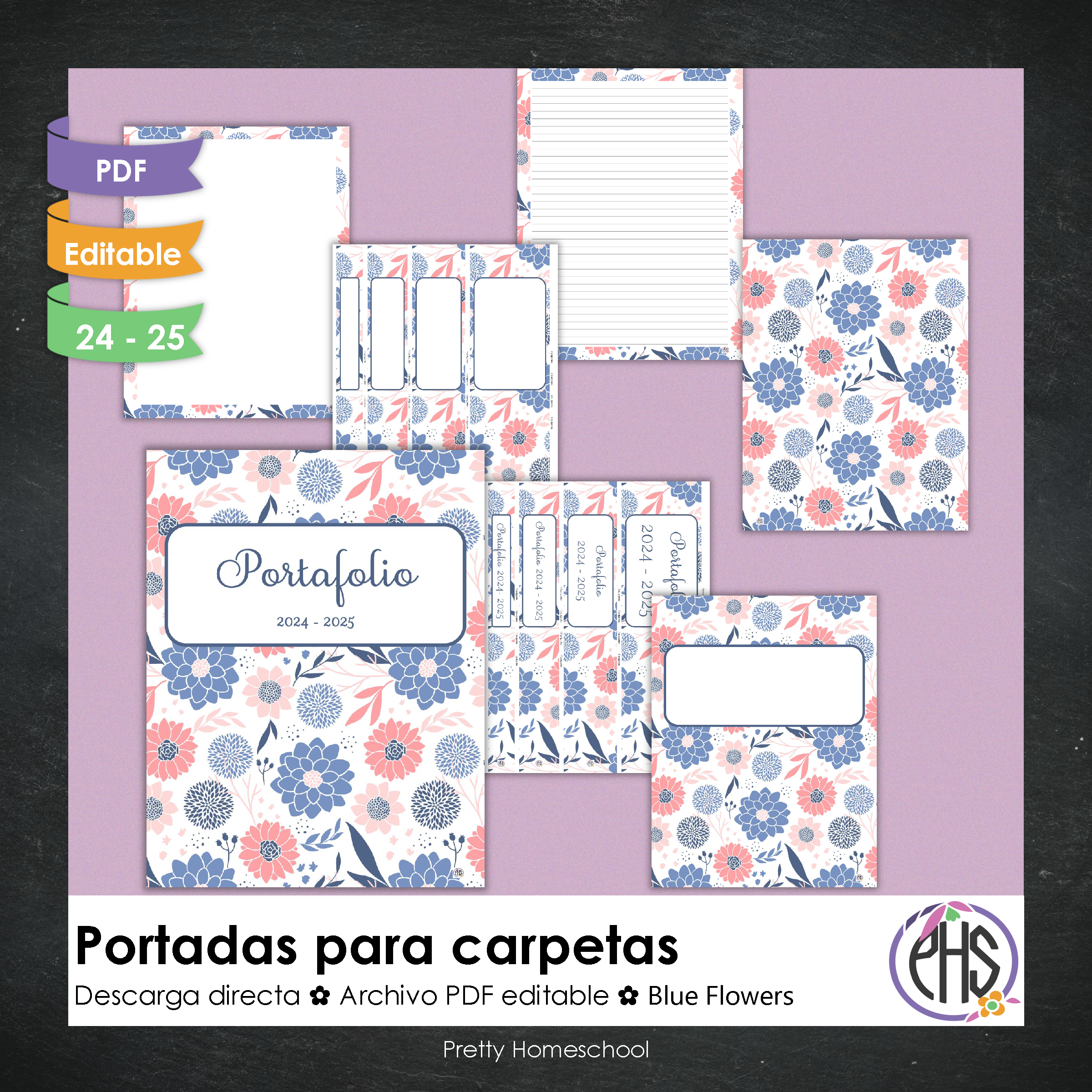 Portadas y espinas para carpetas: Portafolio Blue Flowers