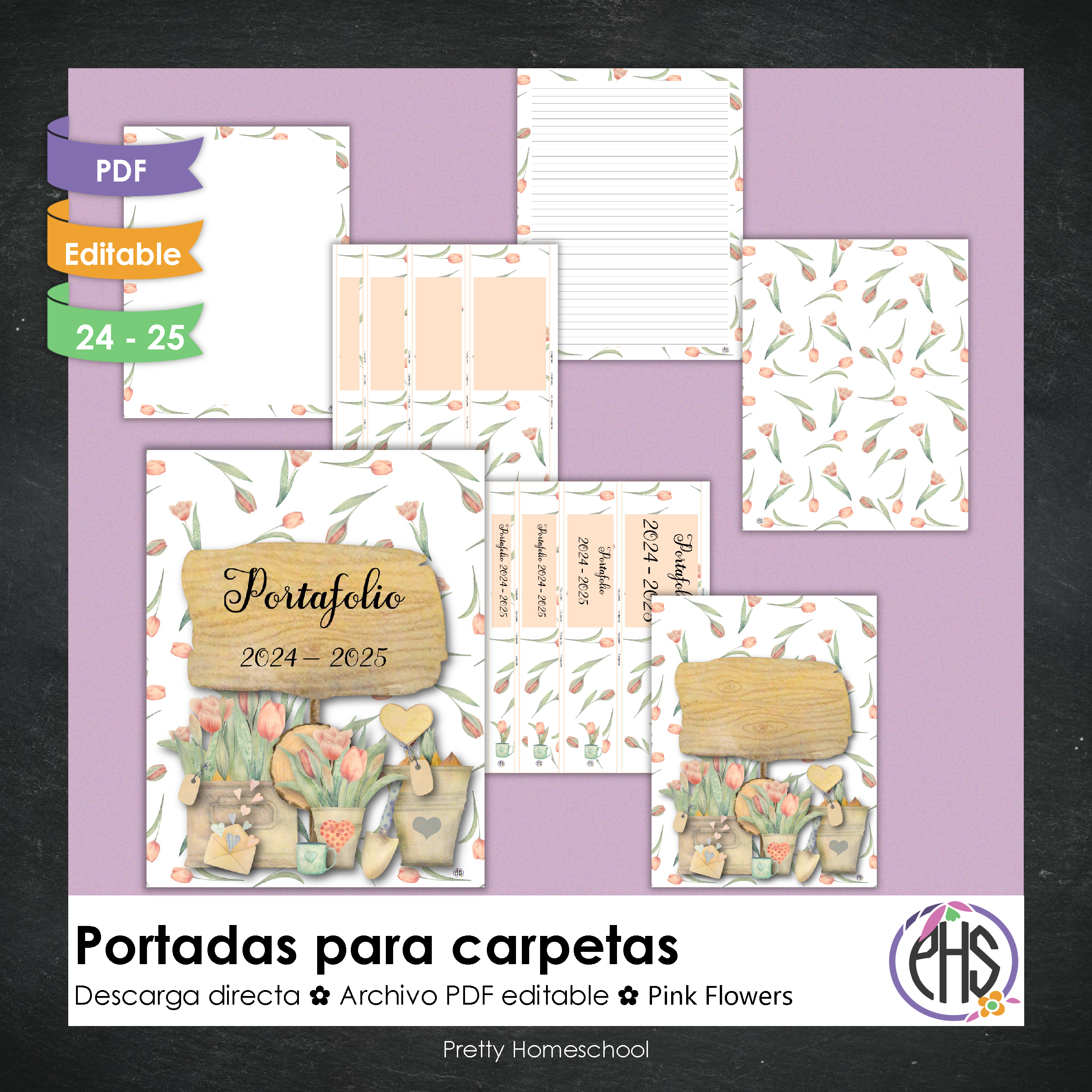 Portadas y espinas para carpetas: Portafolio Pink Flowers