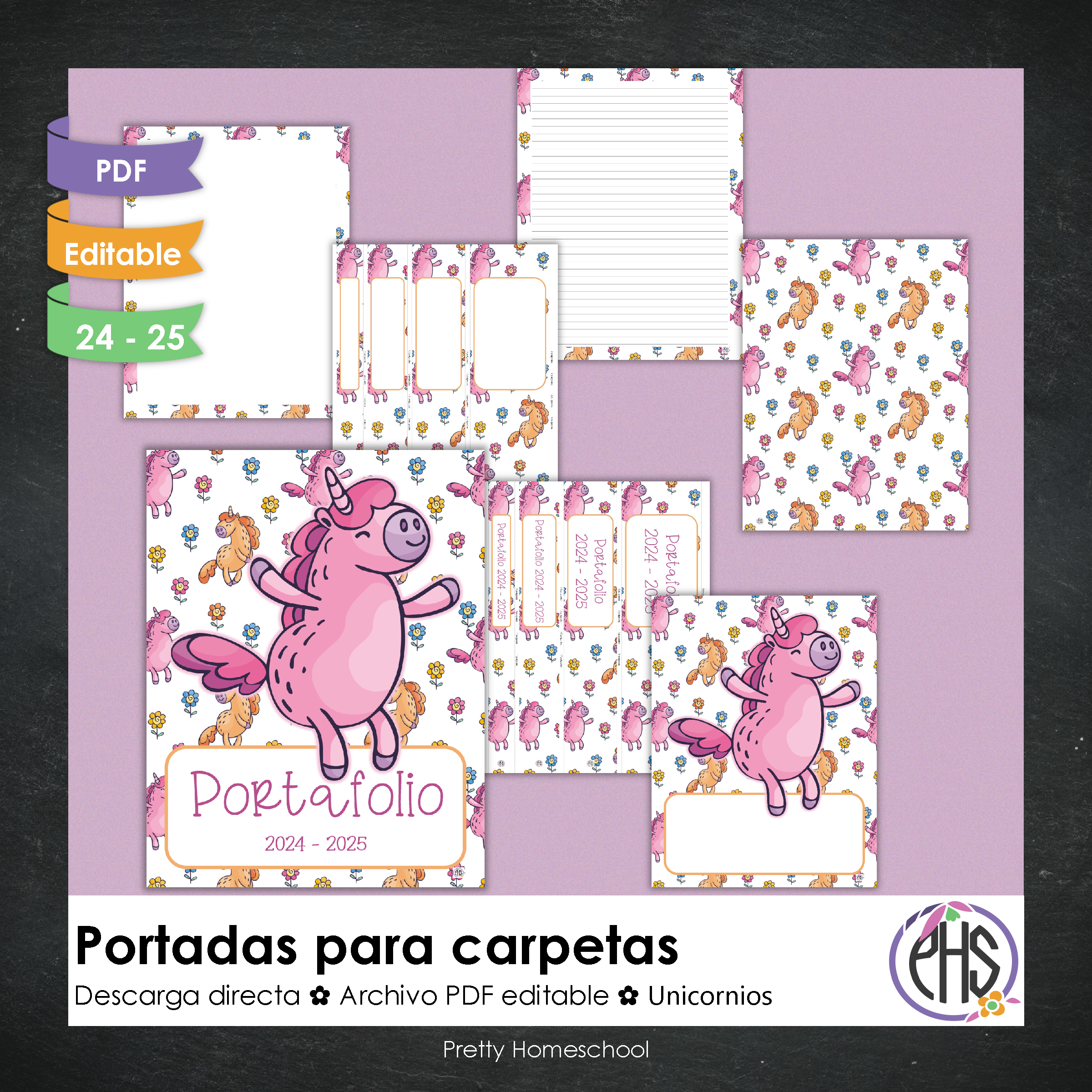 Portadas y espinas para carpetas: Portafolio Unicornios