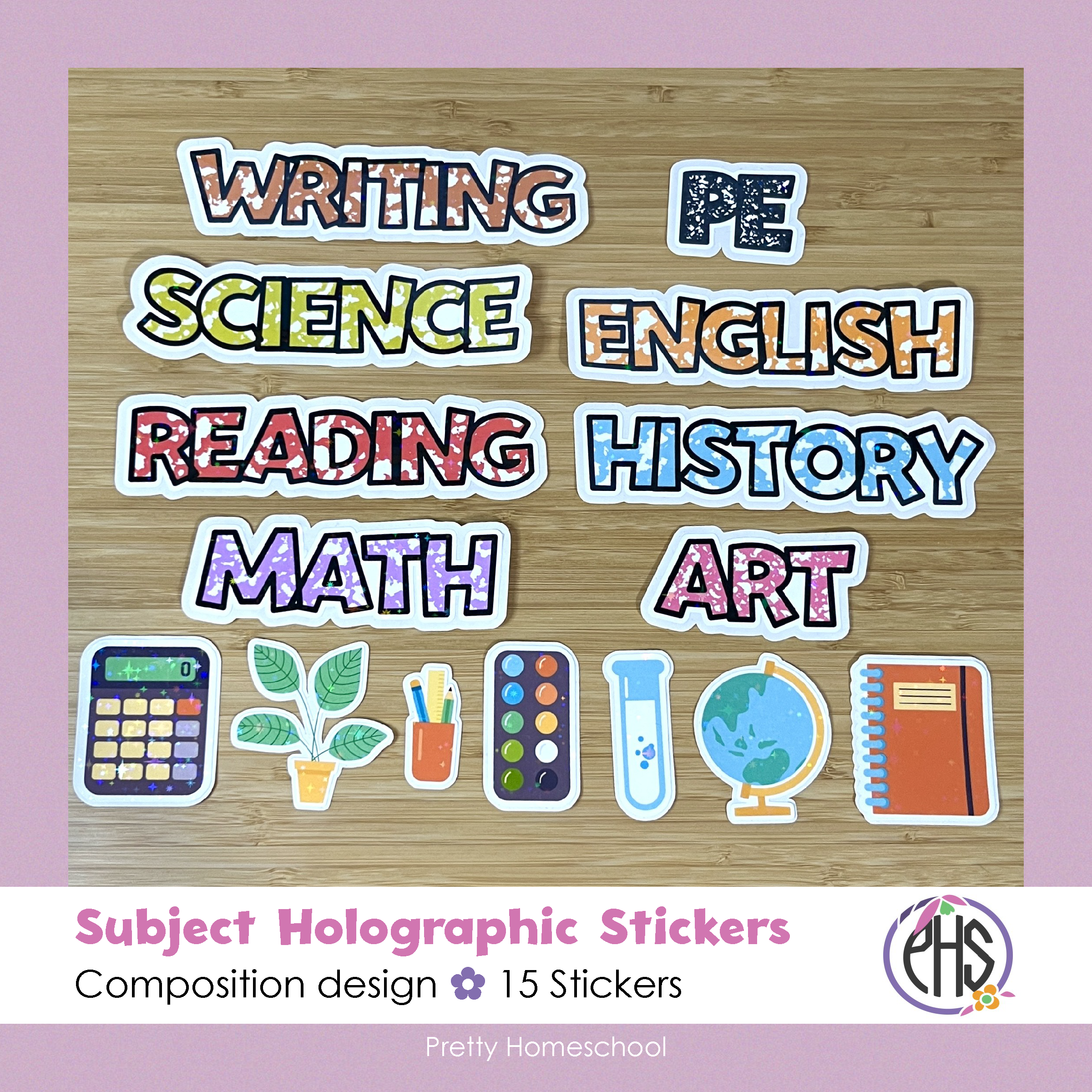 5-Piece Die-Cut Sticker Set – Subjects + School Supplies | Holographic | Weatherproof