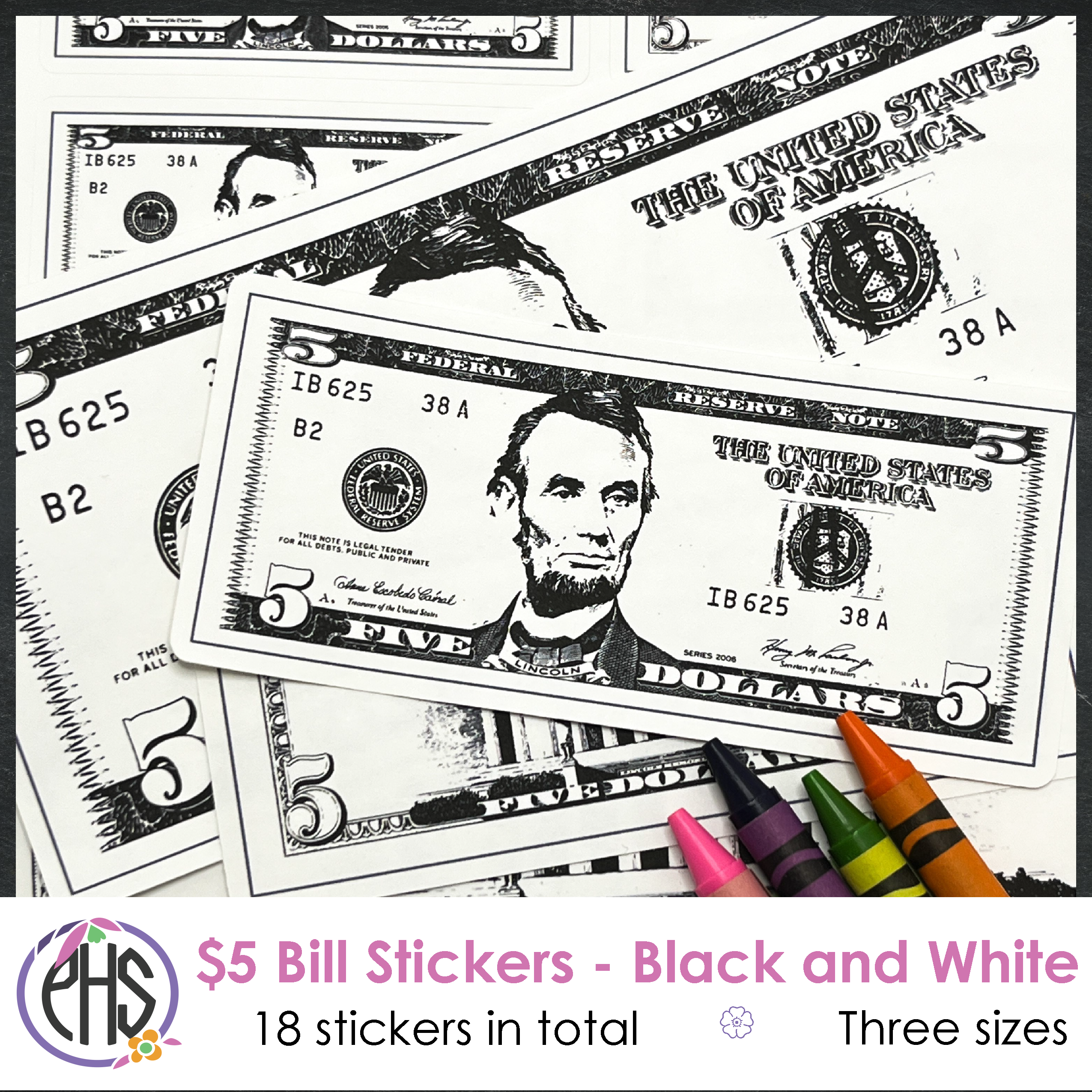 Black and White Math Five-dollar Bill Stickers $5