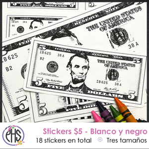 Stickers billetes de cinco dolare $5 / Blanco y negro