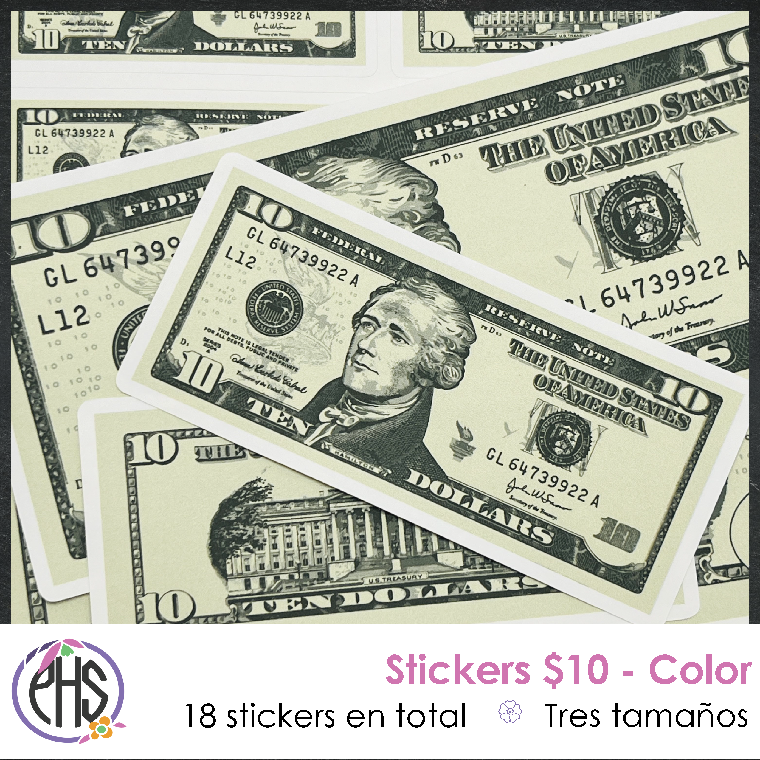 Stickers billetes de diez dolares $10