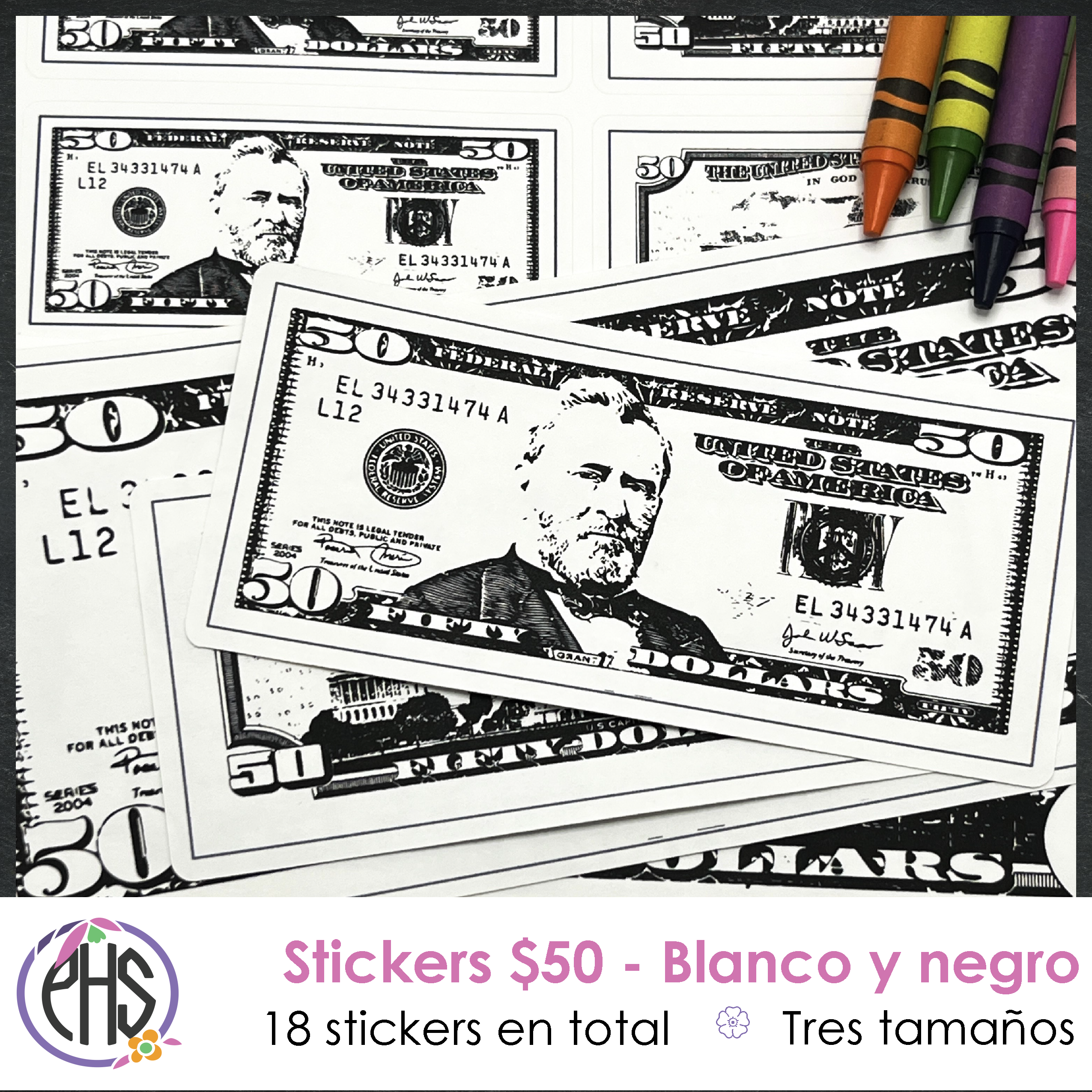 Stickers billetes de cincuenta dolares $50 / Blanco y negro