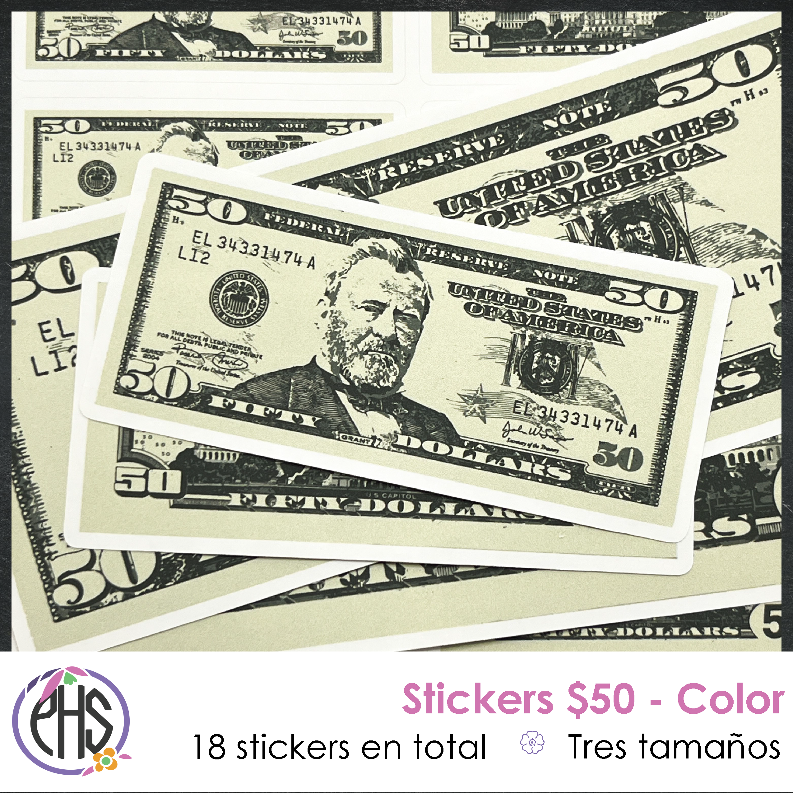 Stickers billetes de cincuenta dolares $50