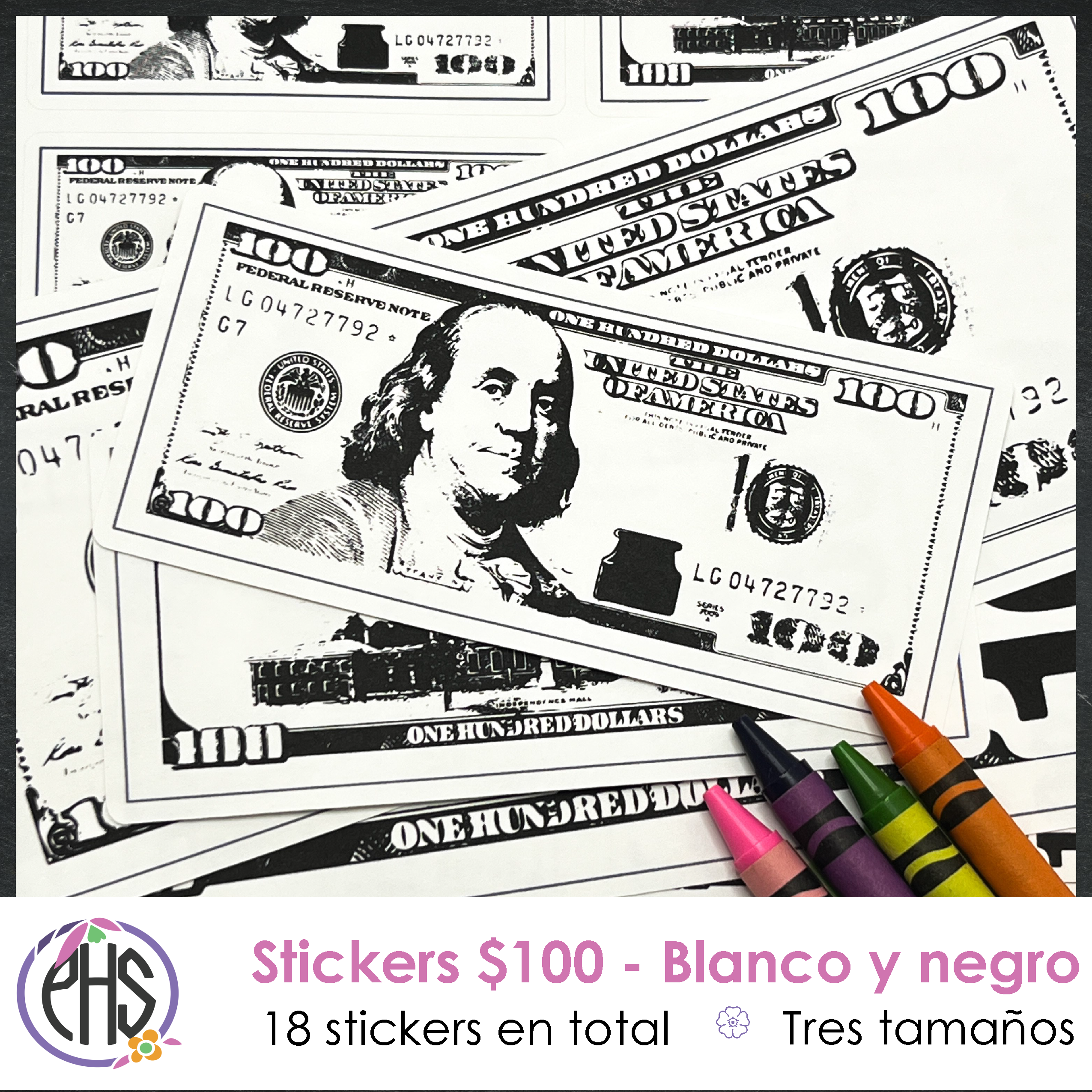 Stickers billetes de cien dolares $100 / Blanco y negro