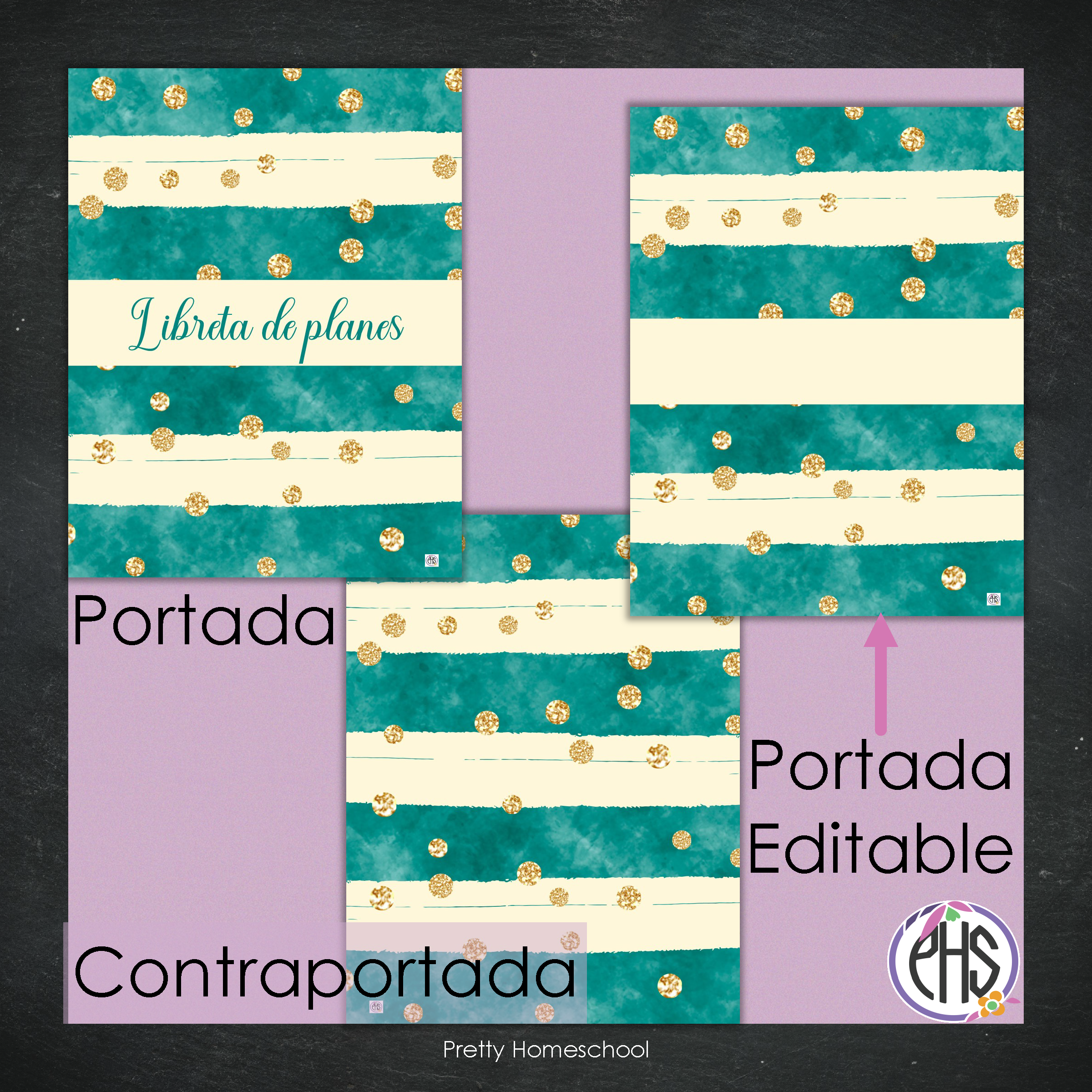 Portadas y espinas para carpetas y libreta de planes homeschool / Esmeralda y oro