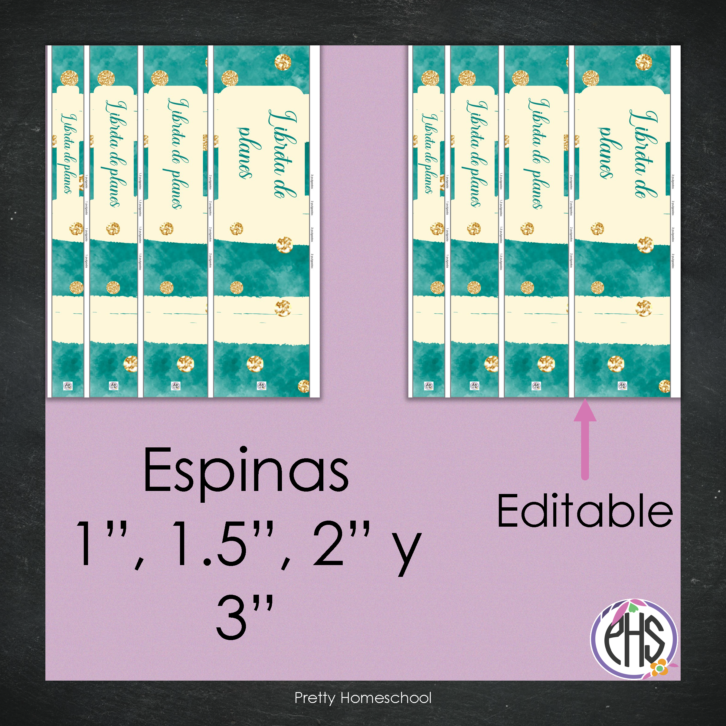 Portadas y espinas para carpetas y libreta de planes homeschool / Esmeralda y oro