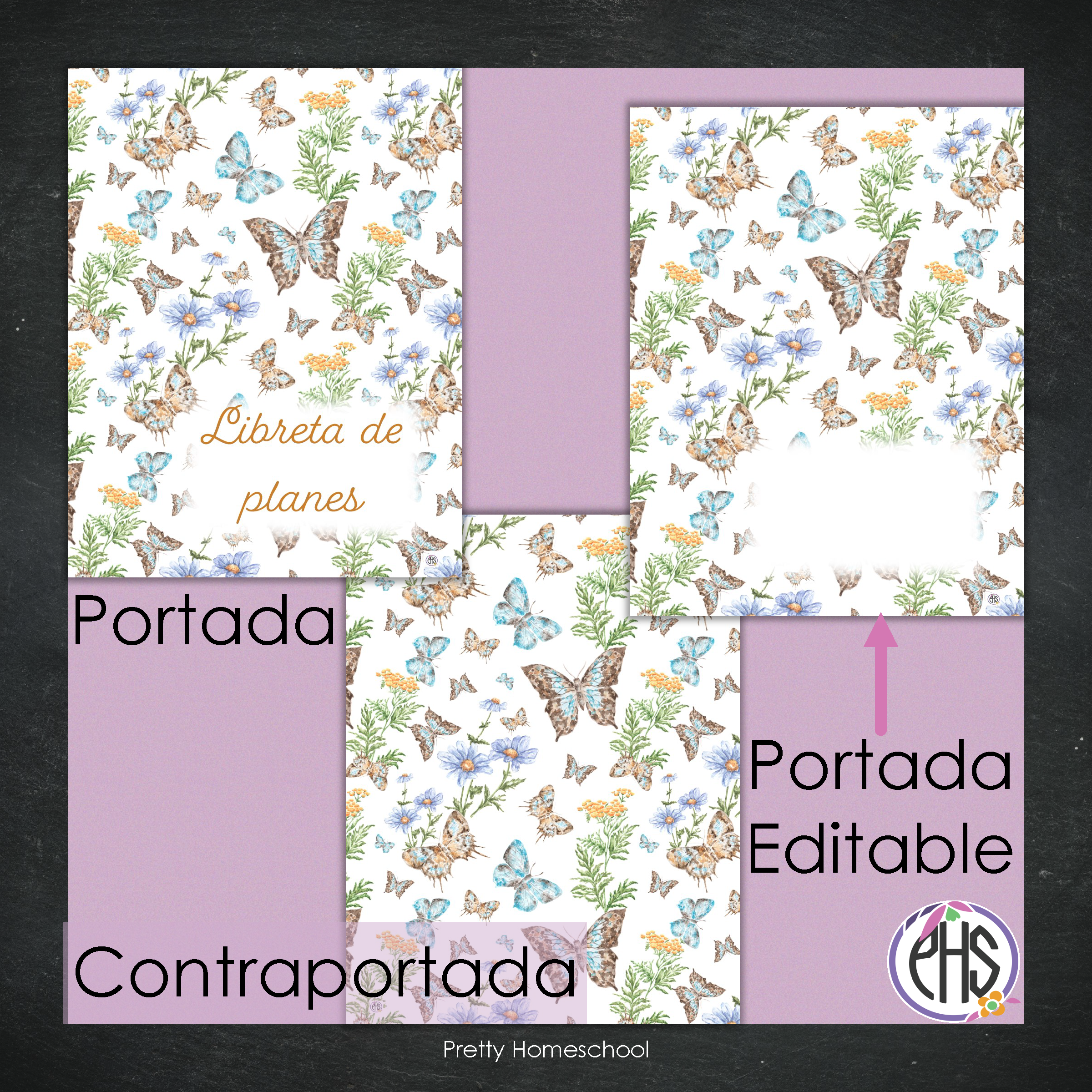 Portadas y espinas para carpetas y libreta de planes homeschool / Mariposas