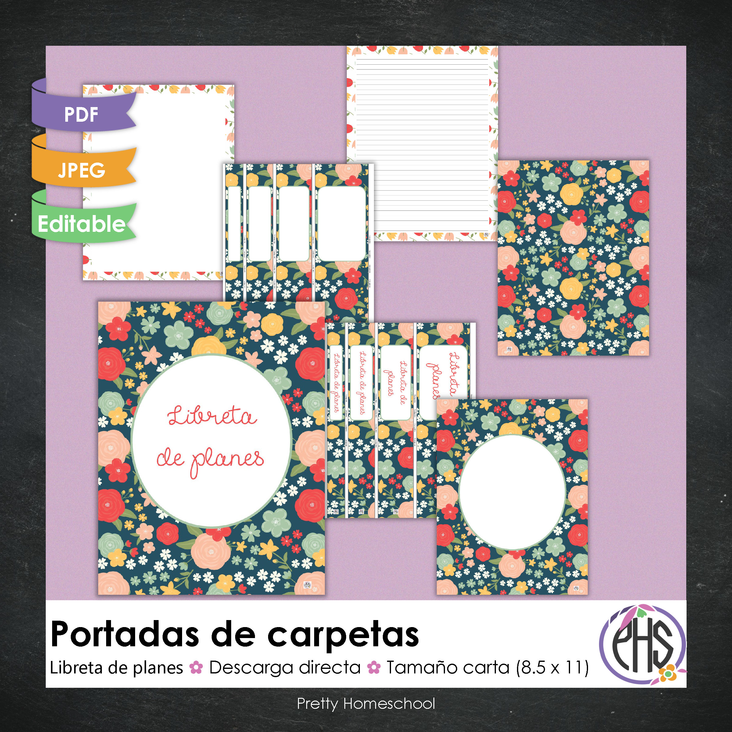 Portadas y espinas para carpetas y libreta de planes homeschool / Pretty Flowers