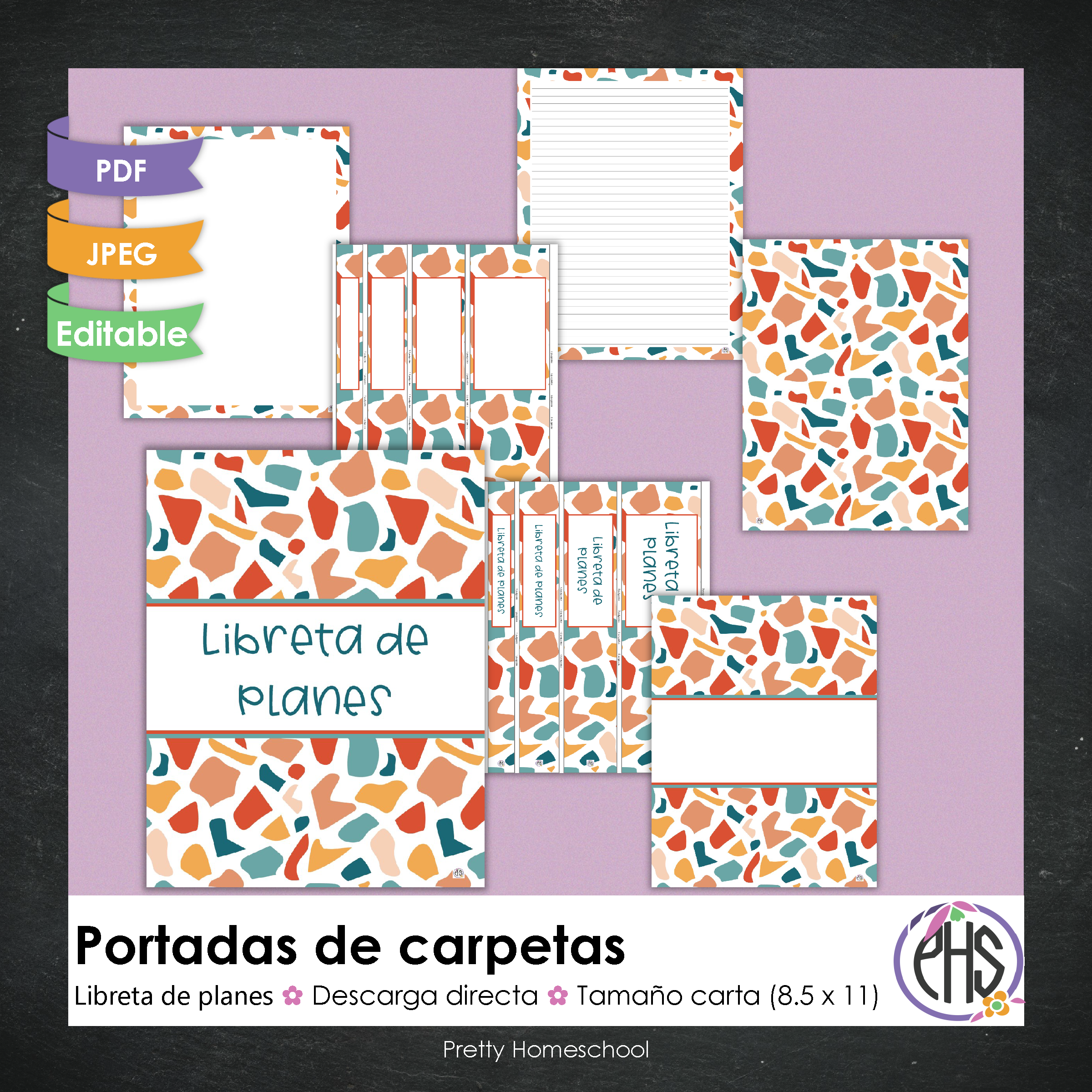 Portadas y espinas para carpetas y libreta de planes homeschool / Terrazo