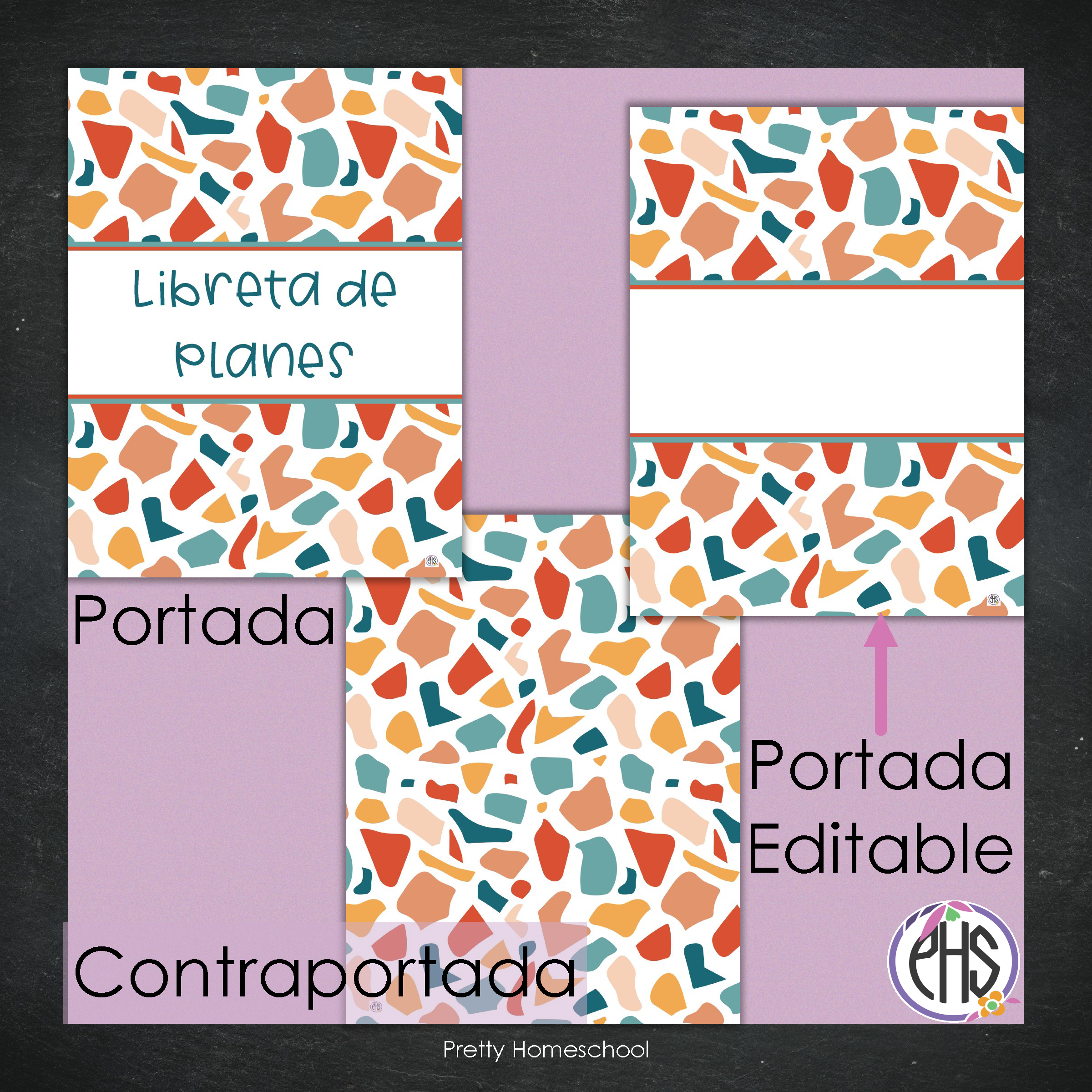 Portadas y espinas para carpetas y libreta de planes homeschool / Terrazo