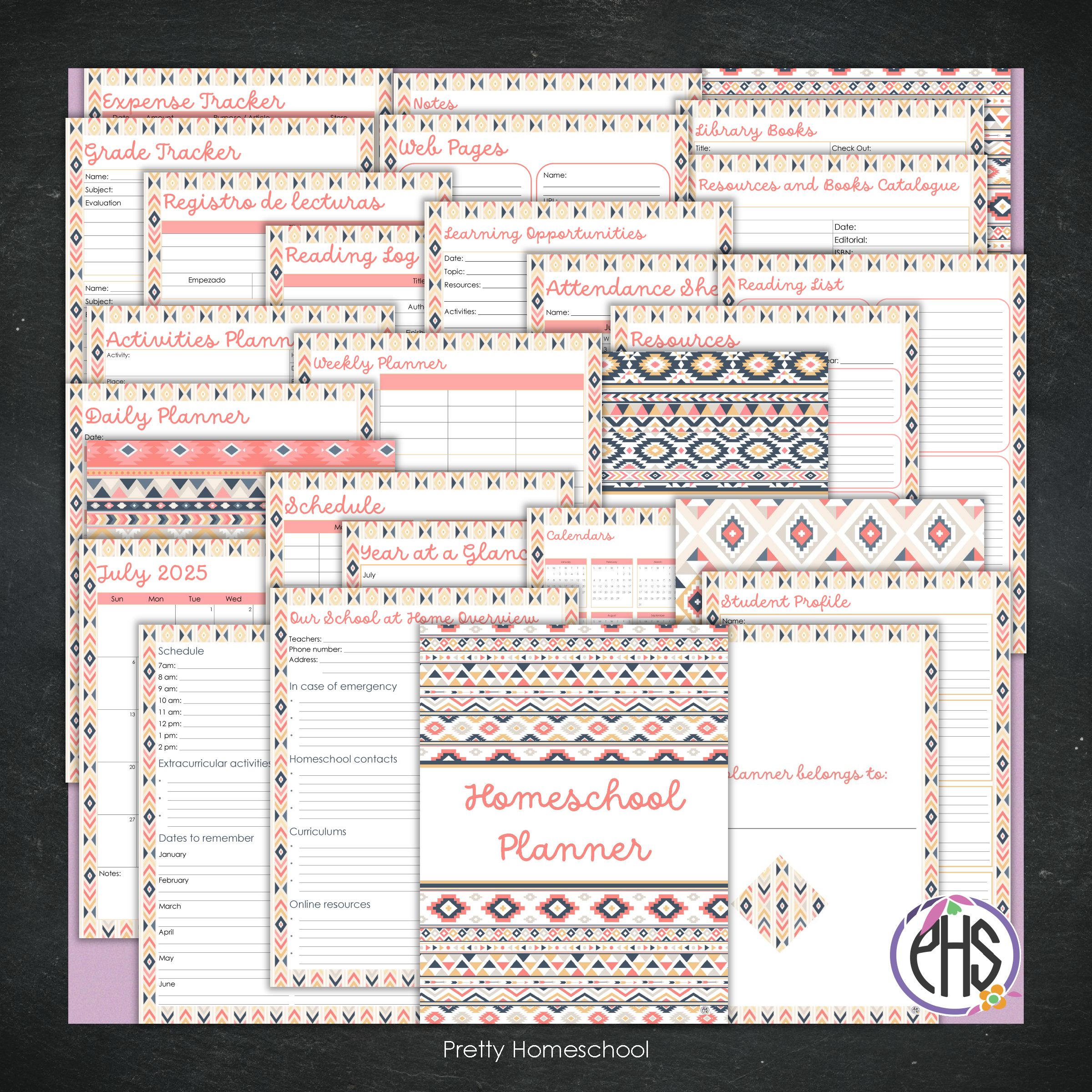 Printable Homeschool Planner | Digital PDF for Annotation or Printing | 2025-2026 School Year | Aztec Pattern Design