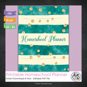 Printable Homeschool Planner | Digital PDF for Annotation or Printing | 2025-2026 School Year | Emerald and Gold Design