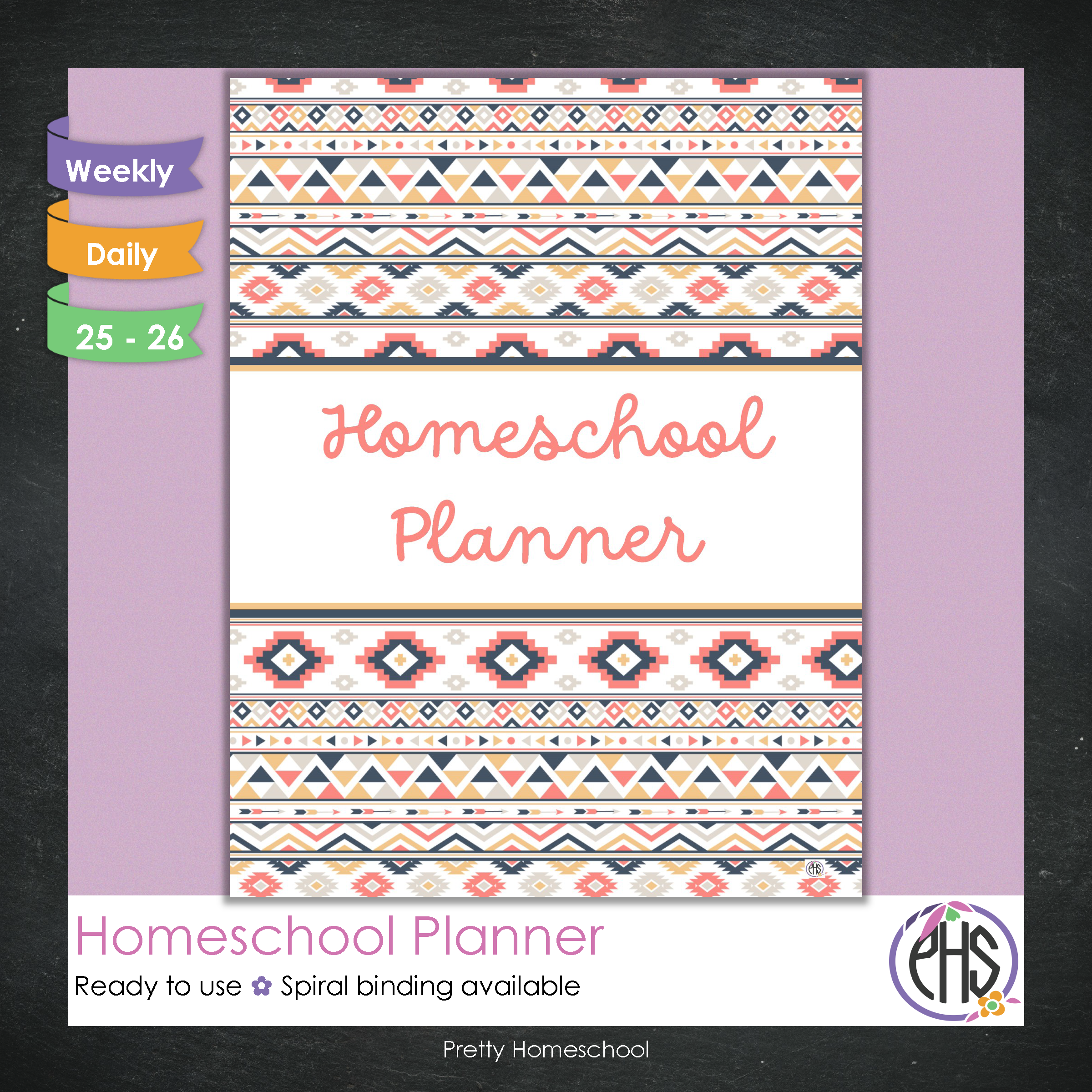 Printed Homeschool Planner | Daily & Weekly Organizer for 4 Students | Aztec Design + Digital PDF