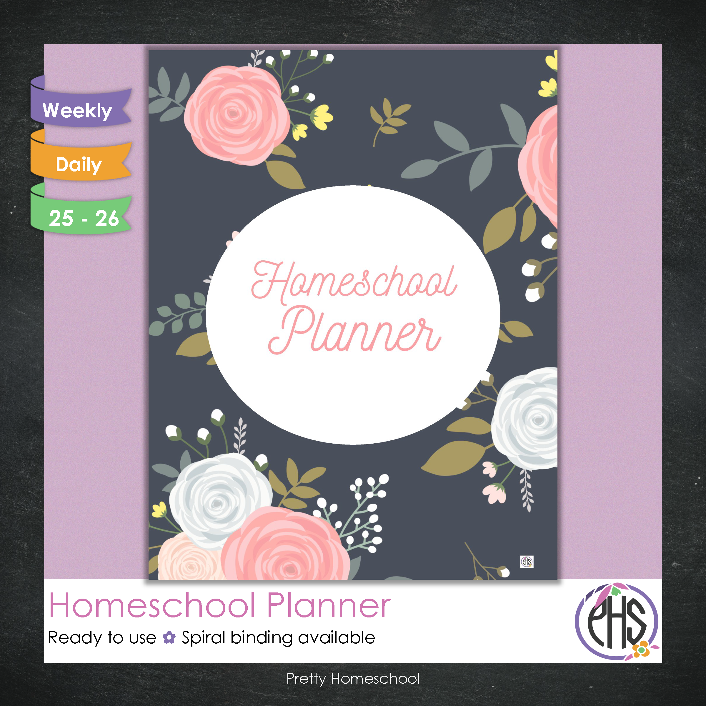 Printed Homeschool Planner | Daily & Weekly Organizer for 4 Students | Blush Pink and Navy Florals Design + Digital PDF