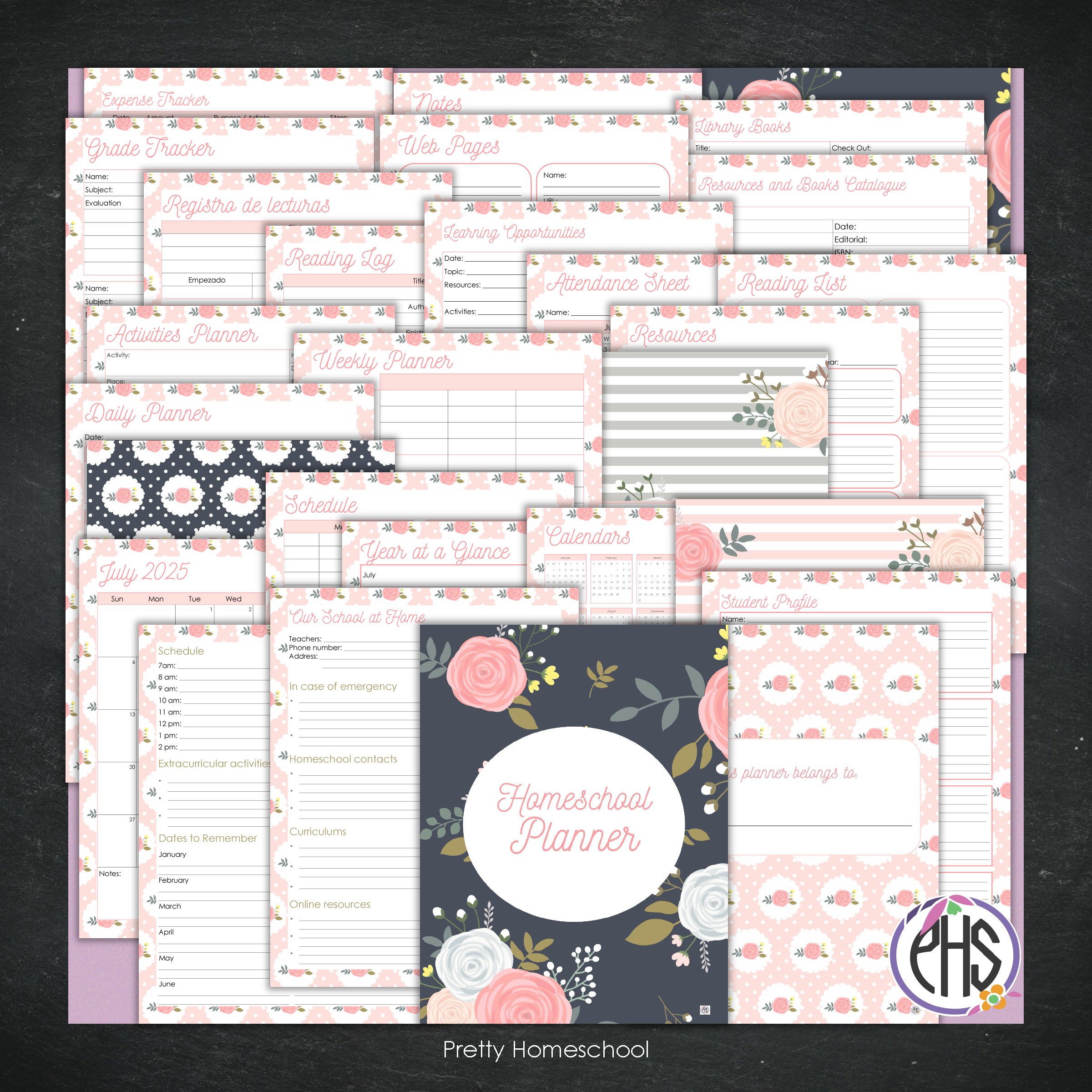 Printed Homeschool Planner | Daily & Weekly Organizer for 4 Students | Blush Pink and Navy Florals Design + Digital PDF