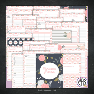 Printed Homeschool Planner | Daily & Weekly Organizer for 4 Students | Blush Pink and Navy Florals Design + Digital PDF