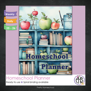 Printed Homeschool Planner | Daily & Weekly Organizer for 4 Students | Blue Bookshelf Design + Digital PDF