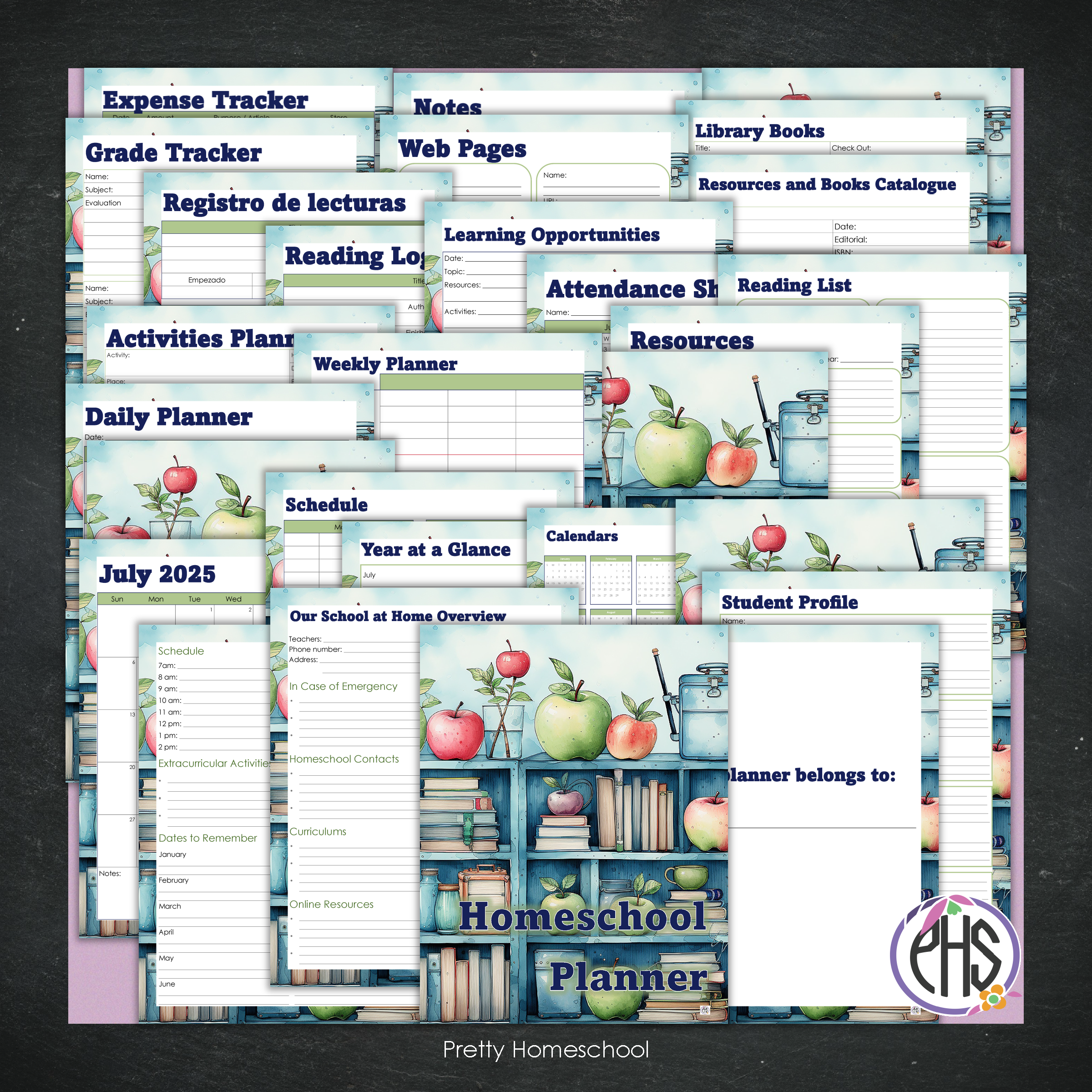 Printed Homeschool Planner | Daily & Weekly Organizer for 4 Students | Blue Bookshelf Design + Digital PDF