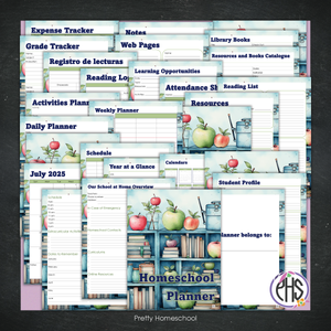Printed Homeschool Planner | Daily & Weekly Organizer for 4 Students | Blue Bookshelf Design + Digital PDF