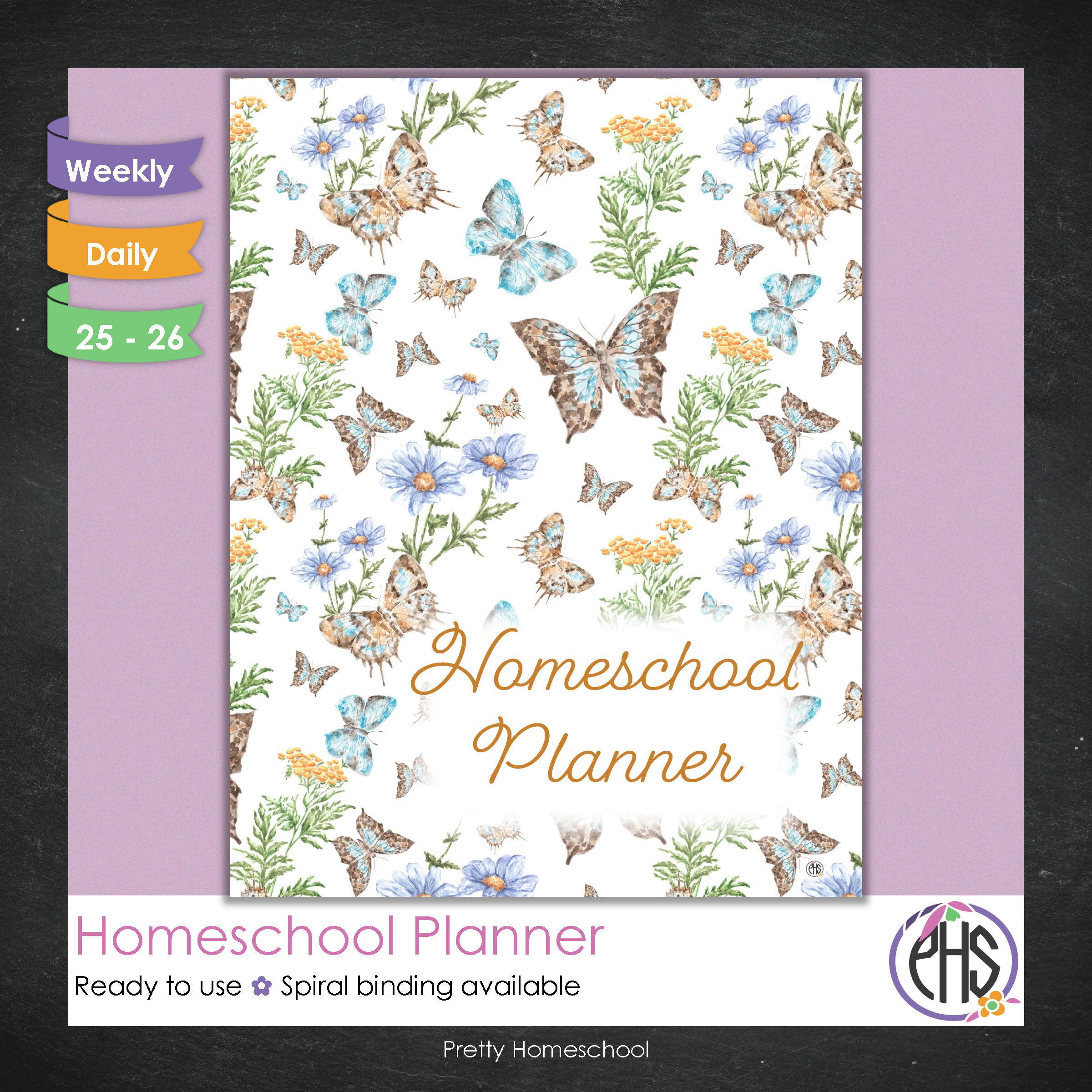 Printed Homeschool Planner | Daily & Weekly Organizer for 4 Students | Butterflies Design + Digital PDF