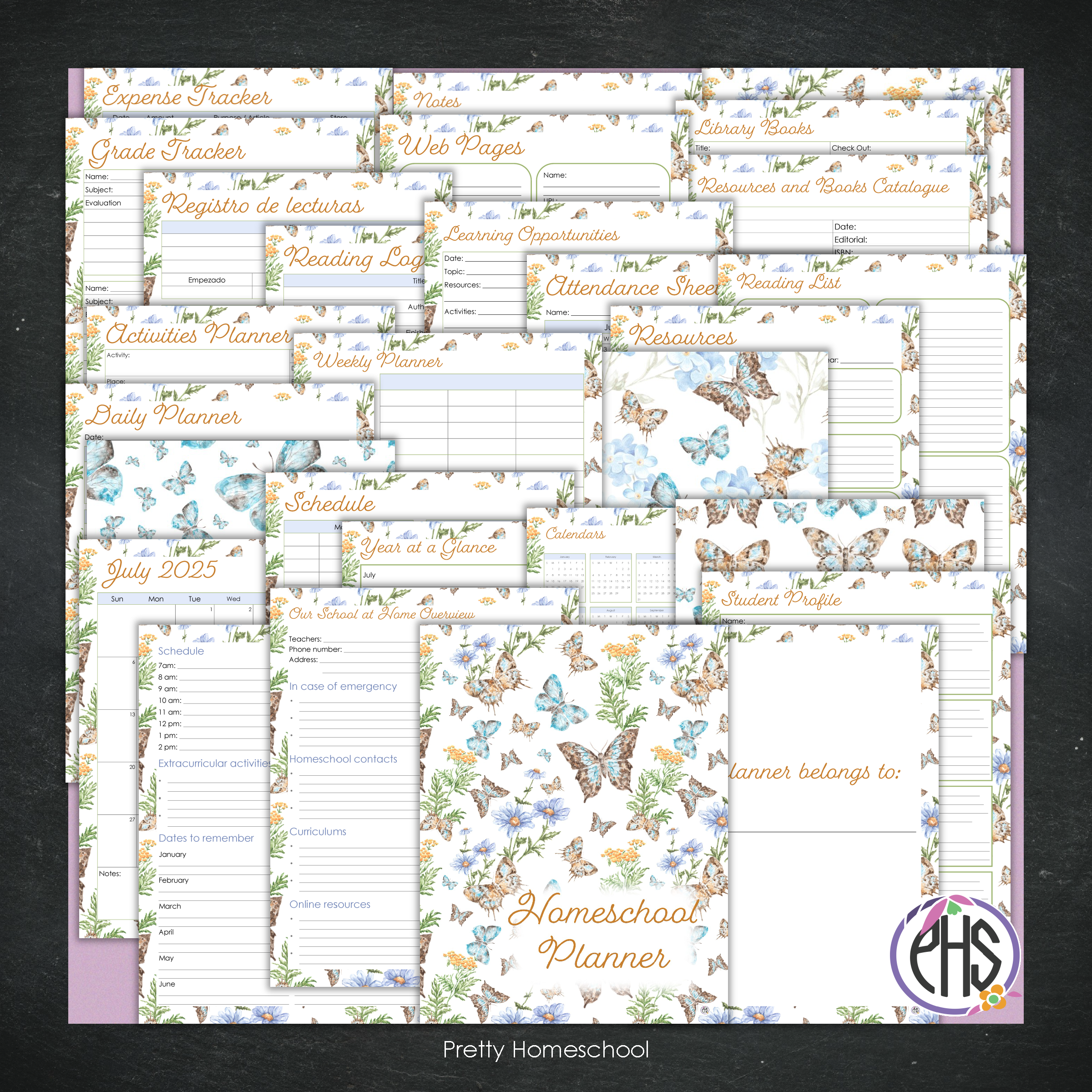 Printed Homeschool Planner | Daily & Weekly Organizer for 4 Students | Butterflies Design + Digital PDF