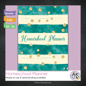 Printed Homeschool Planner | Daily & Weekly Organizer for 4 Students | Emerald and Gold Design + Digital PDF