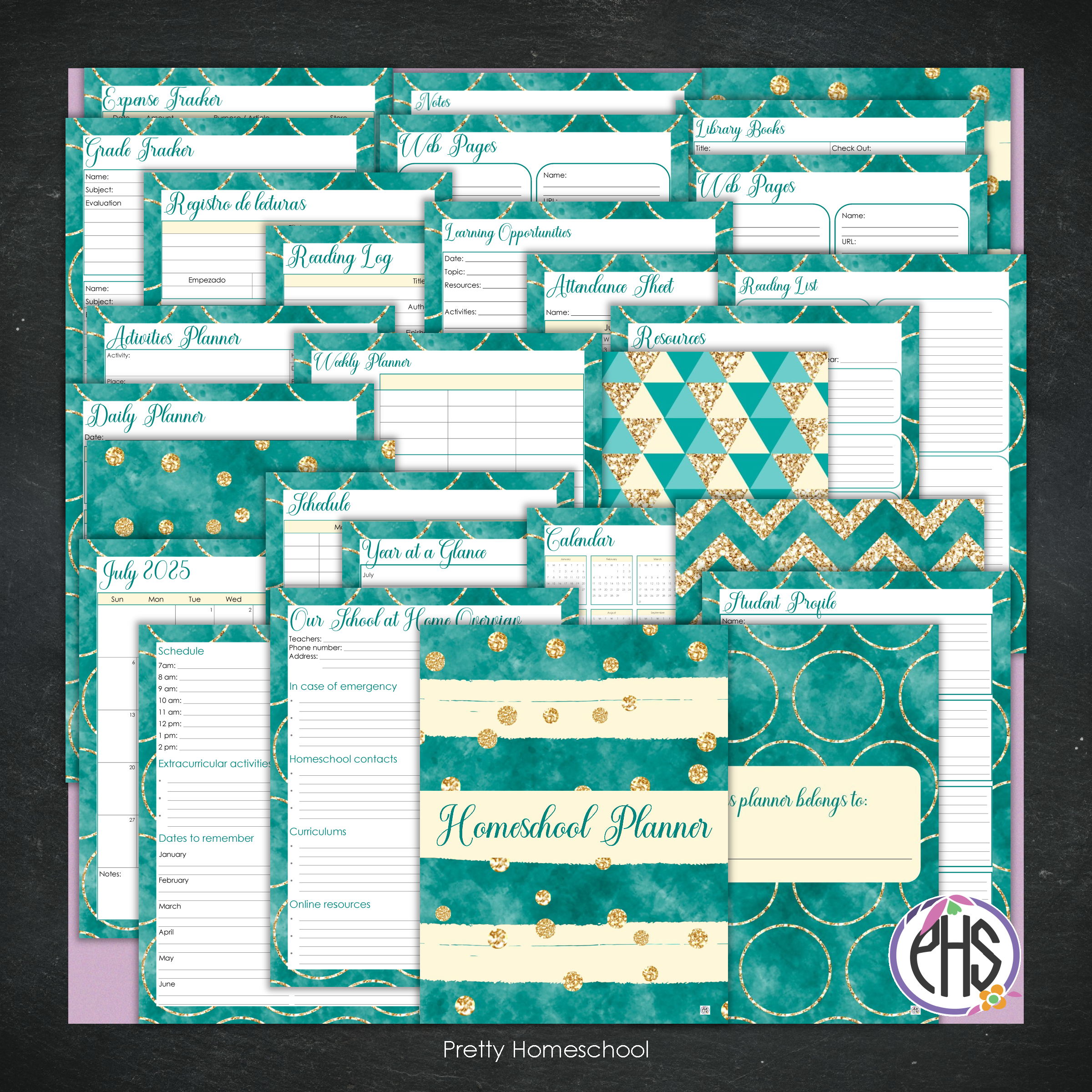 Printed Homeschool Planner | Daily & Weekly Organizer for 4 Students | Emerald and Gold Design + Digital PDF