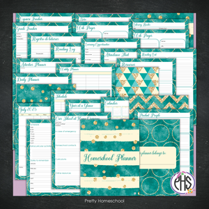 Printed Homeschool Planner | Daily & Weekly Organizer for 4 Students | Emerald and Gold Design + Digital PDF
