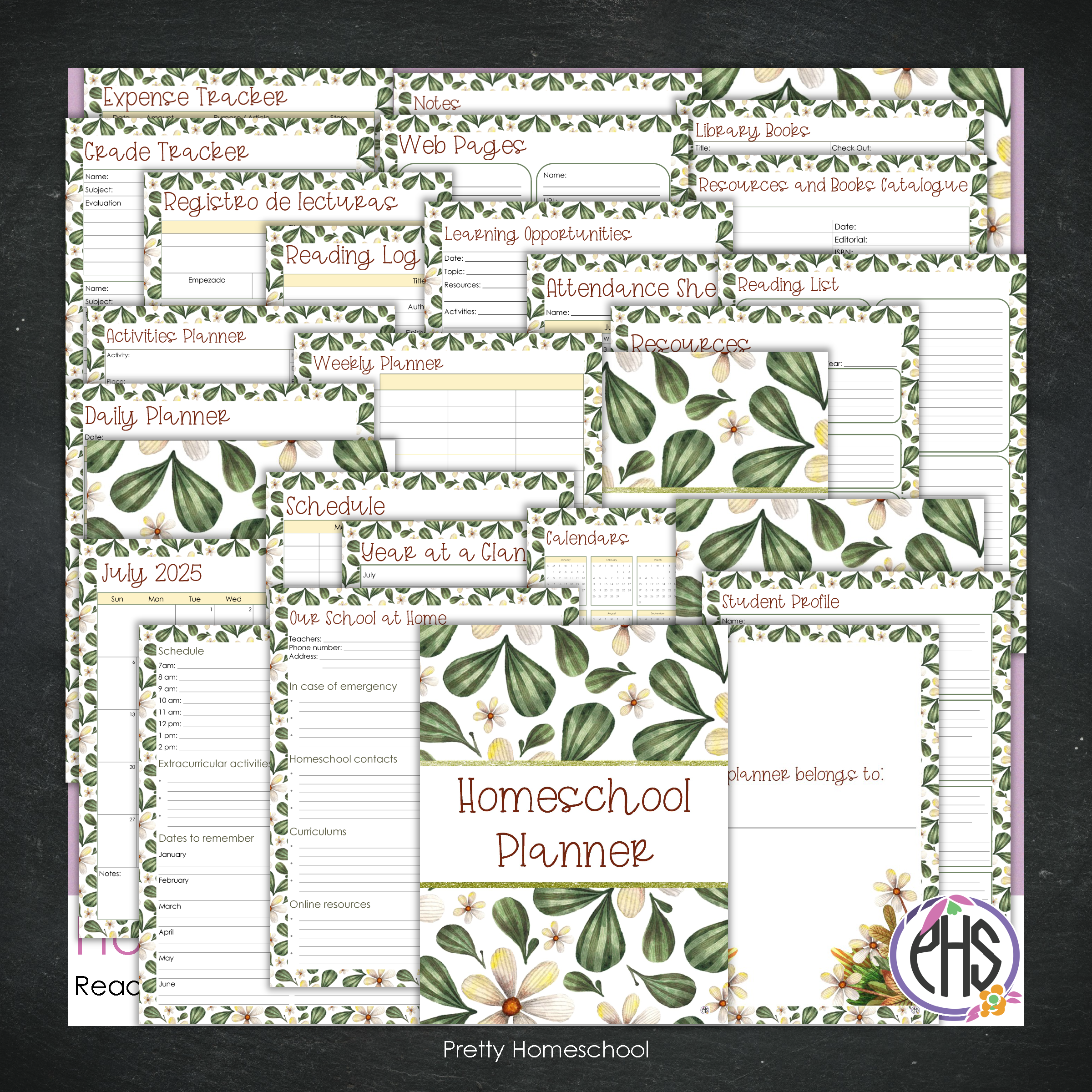 Printed Homeschool Planner | Daily & Weekly Organizer for 4 Students | Botanical Design + Digital PDF