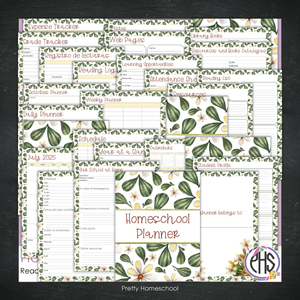 Printed Homeschool Planner | Daily & Weekly Organizer for 4 Students | Botanical Design + Digital PDF