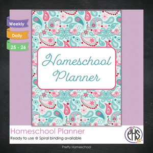 Printed Homeschool Planner | Daily & Weekly Organizer for 4 Students | Paisley Design + Digital PDF