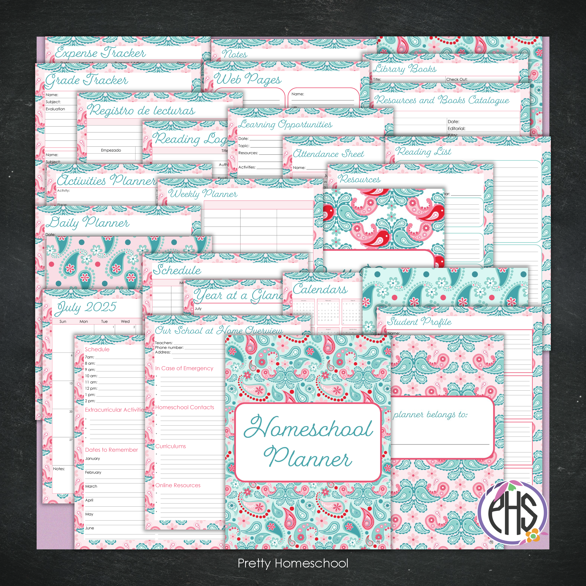 Printed Homeschool Planner | Daily & Weekly Organizer for 4 Students | Paisley Design + Digital PDF