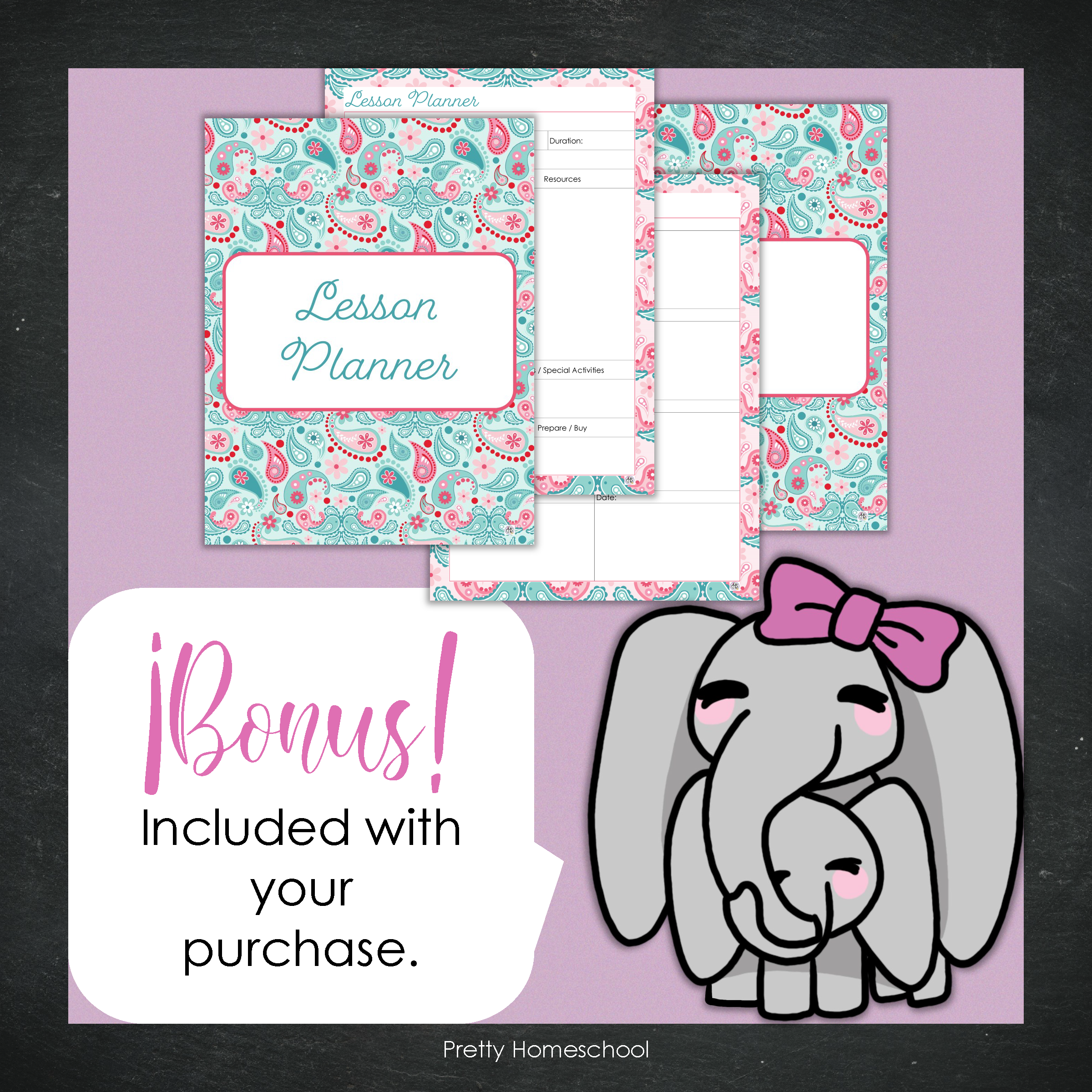 Printed Homeschool Planner | Daily & Weekly Organizer for 4 Students | Paisley Design + Digital PDF