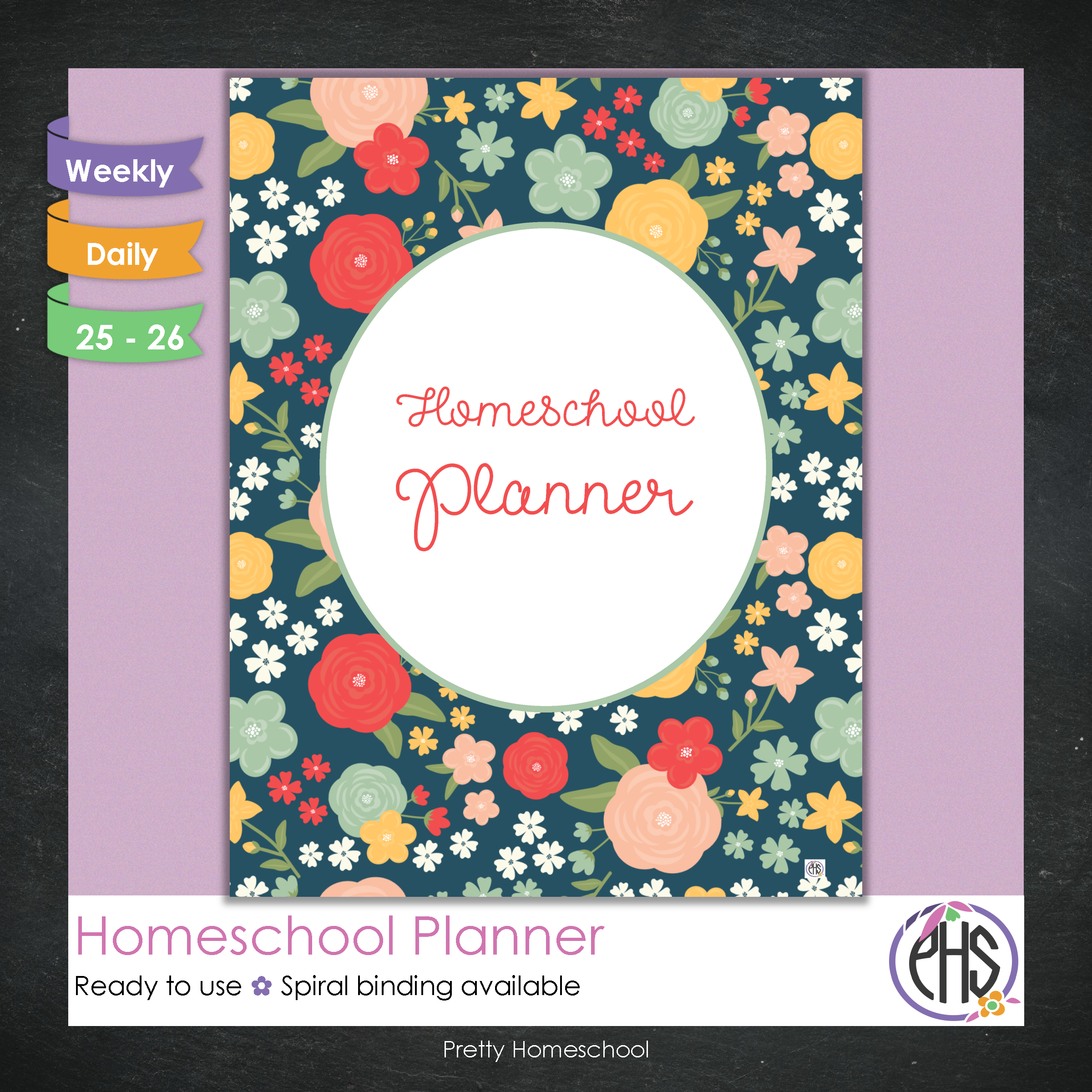 Printed Homeschool Planner | Daily & Weekly Organizer for 4 Students | Pretty Floral Design + Digital PDF