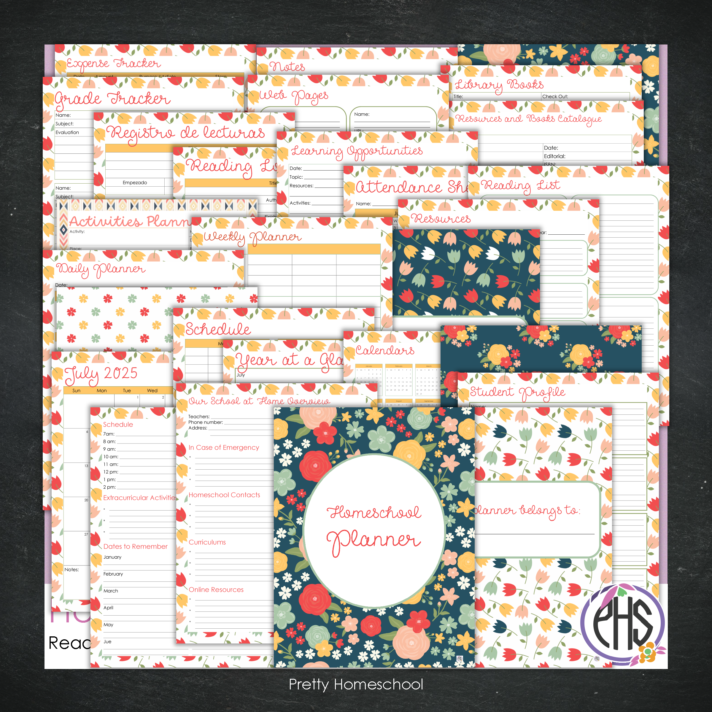 Printed Homeschool Planner | Daily & Weekly Organizer for 4 Students | Pretty Floral Design + Digital PDF
