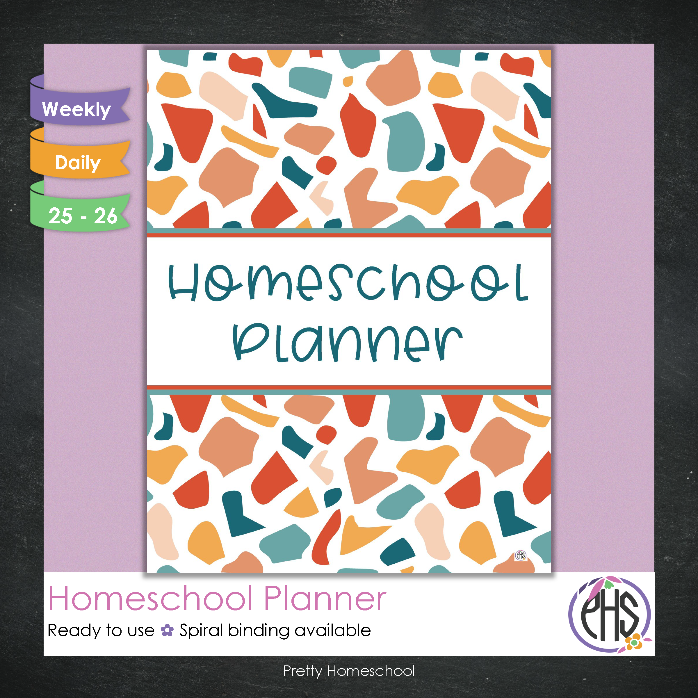 Printed Homeschool Planner | Daily & Weekly Organizer for 4 Students | Terrazo Design + Digital PDF